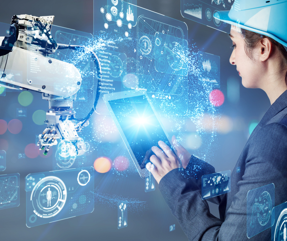 Usine moderne, robot collaboratif, opérateur souriant, technologie.
