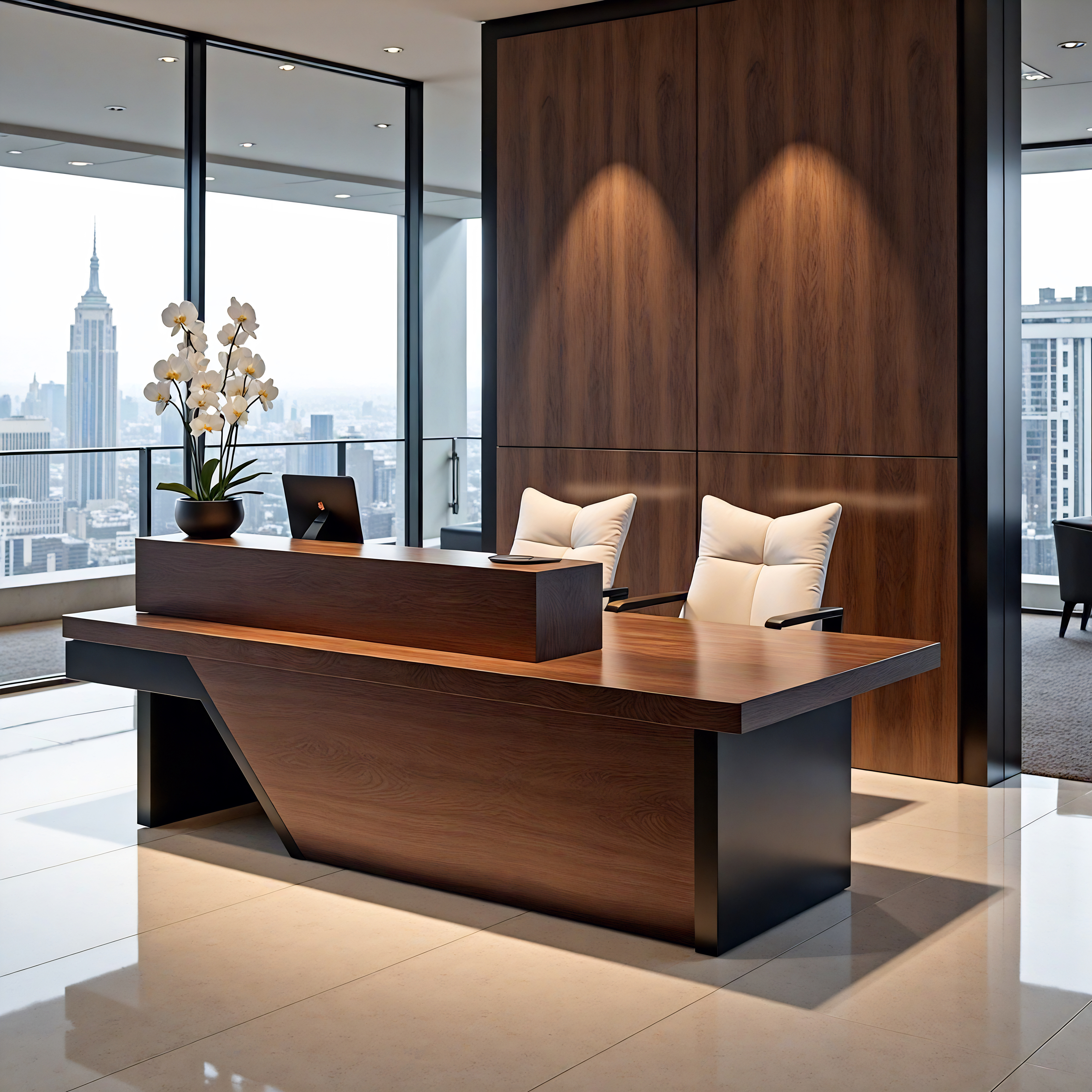 Modern office reception with elegant wood accents and city view.