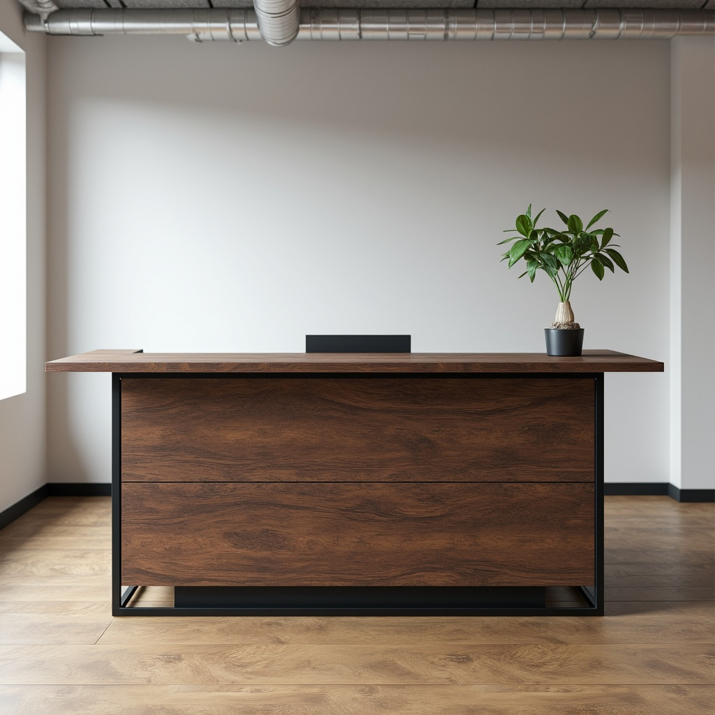 A minimalist office reception desk with a small plant.