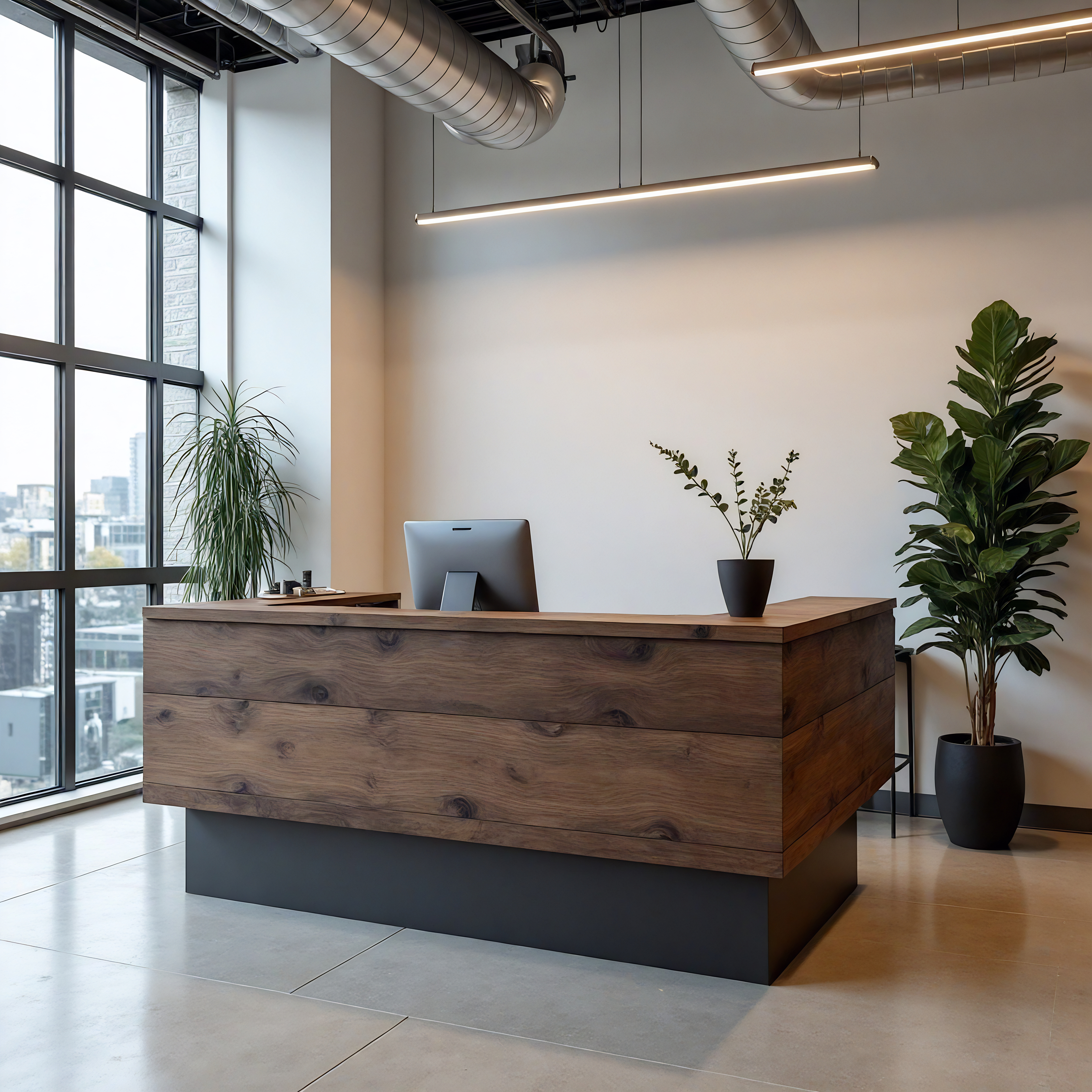 Modern office reception area with wooden desk and plants.