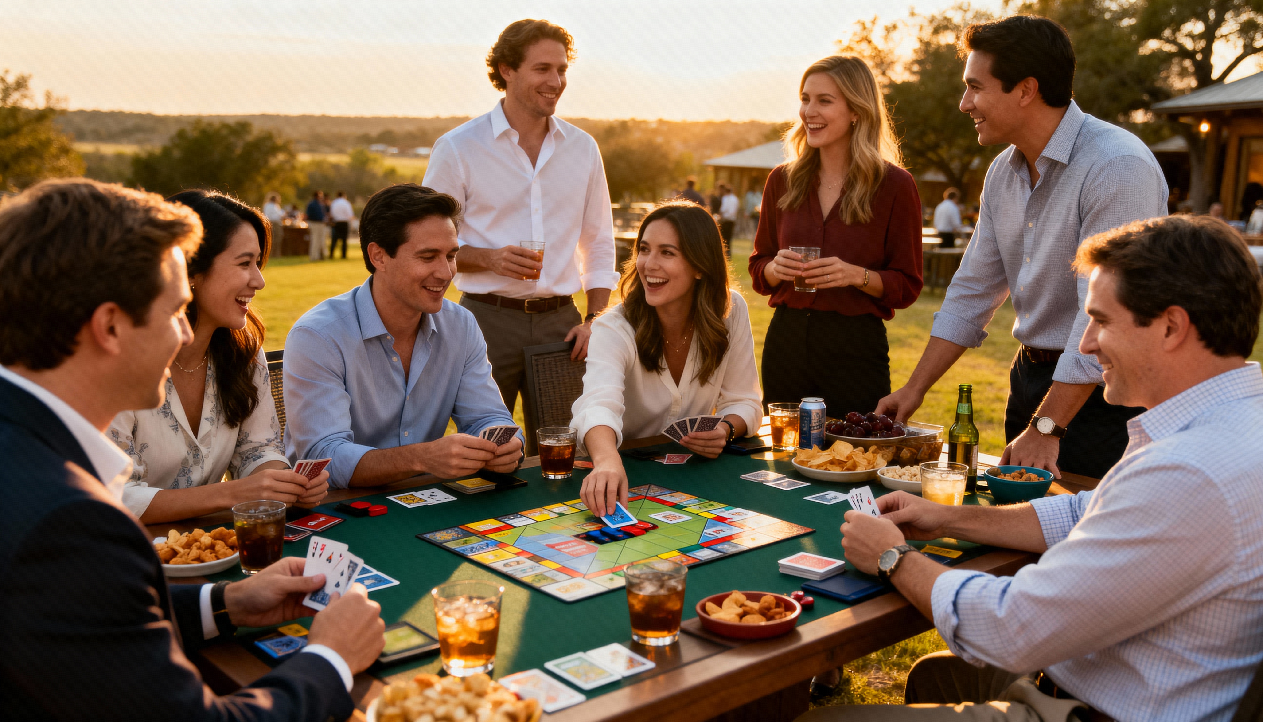 People playing a board game outdoors at sunset with drinks and snacks.