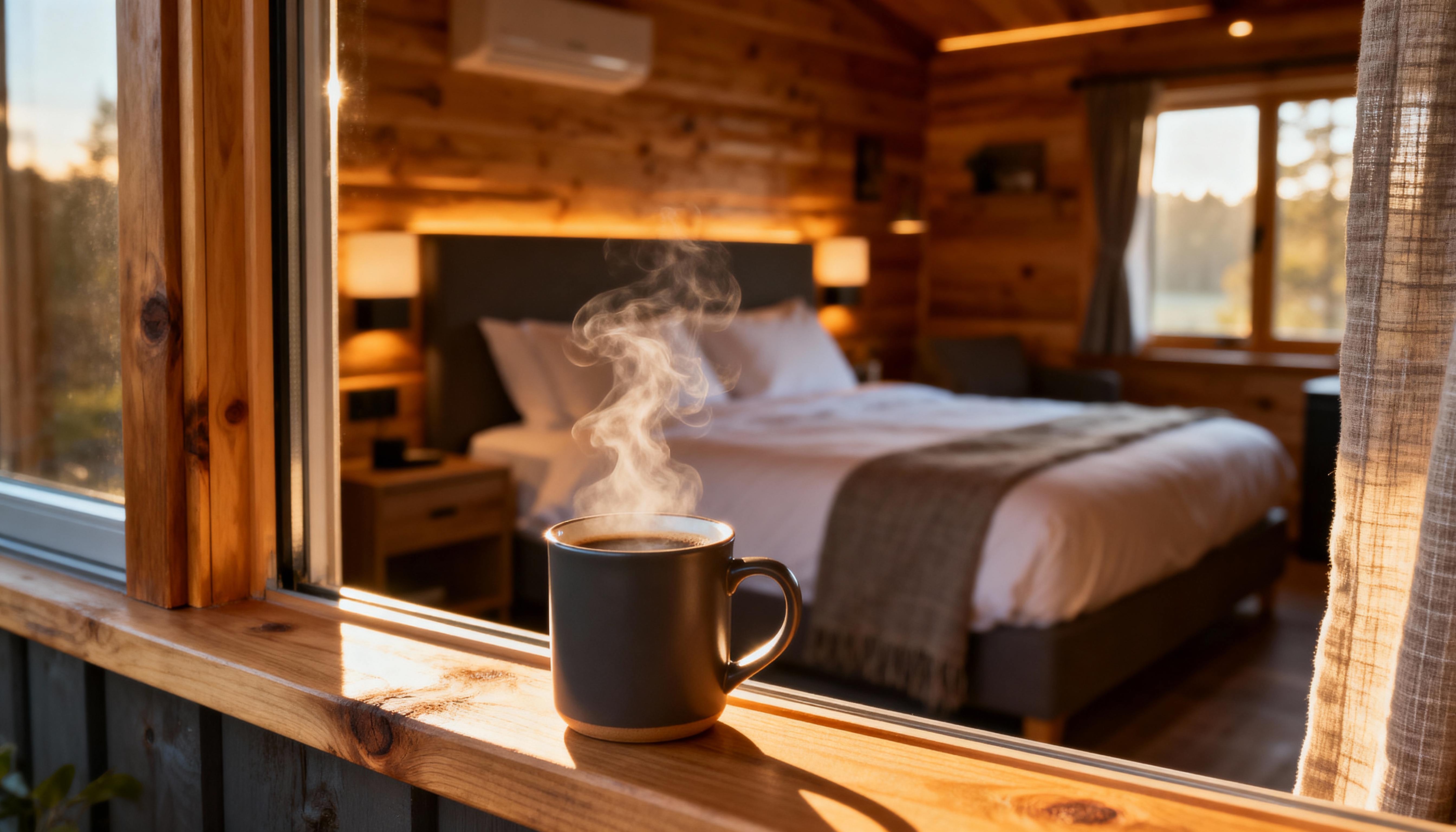 Steaming coffee mug on a wooden windowsill with a cozy bedroom.