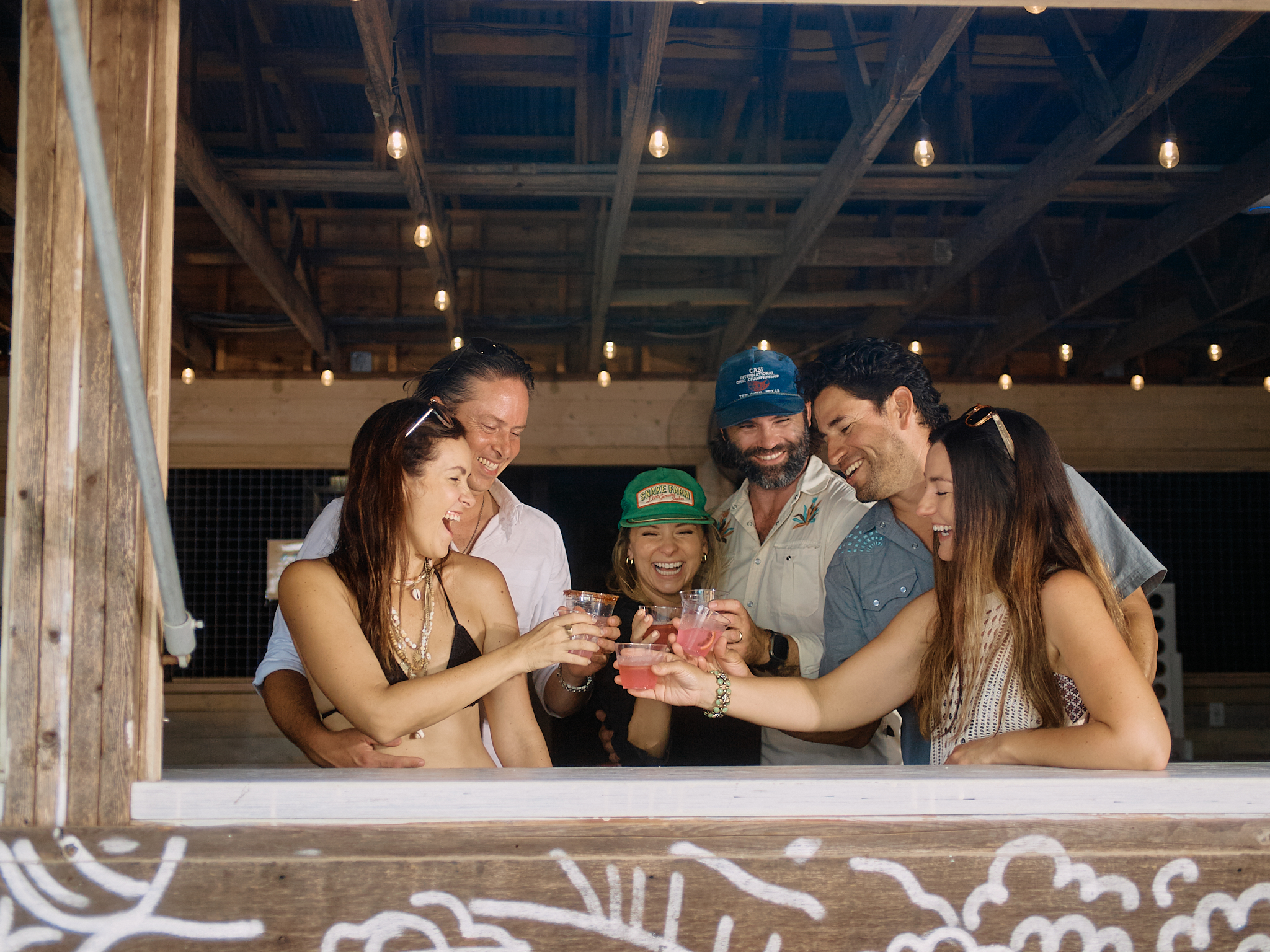A group of people are toasting drinks at a casual outdoor gathering.