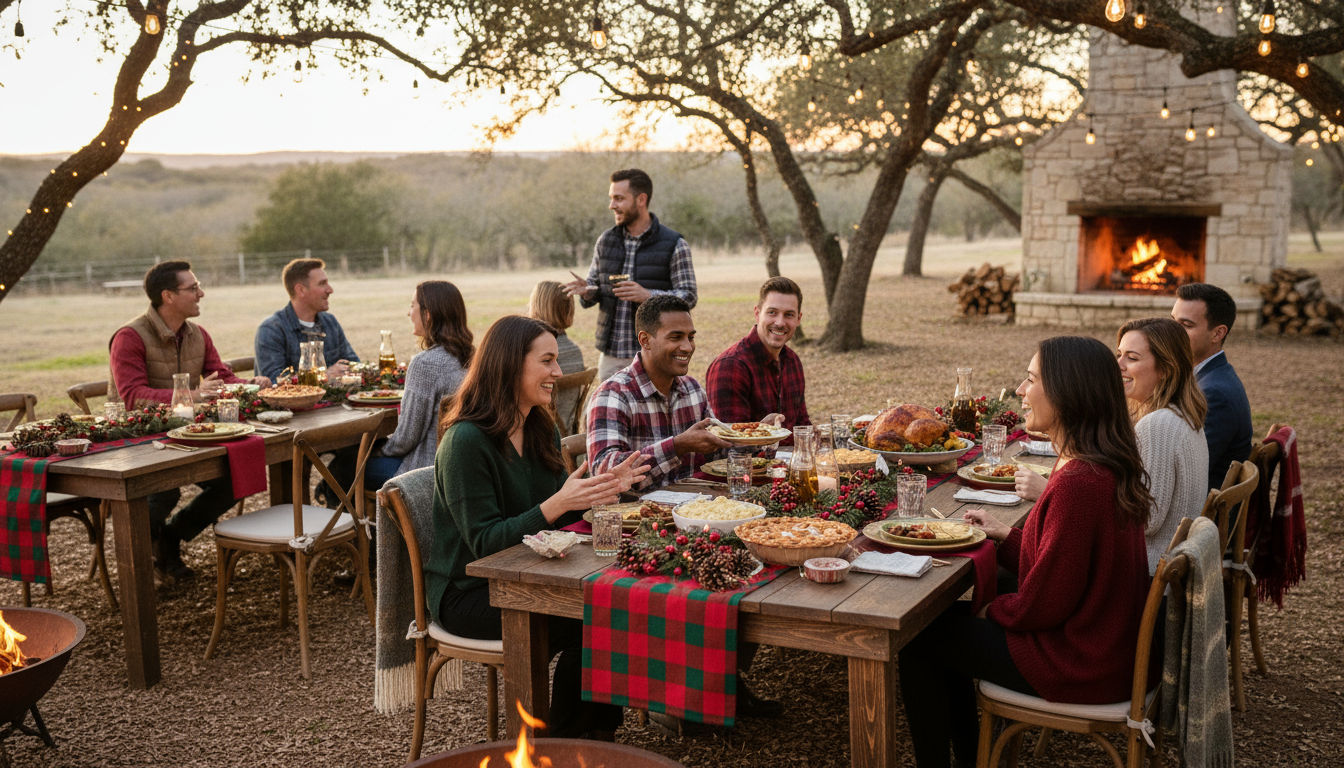 Coworkers celebrate the holidays and enjoy an outdoor dinner by a fireplace at a Texas corporate retreat.