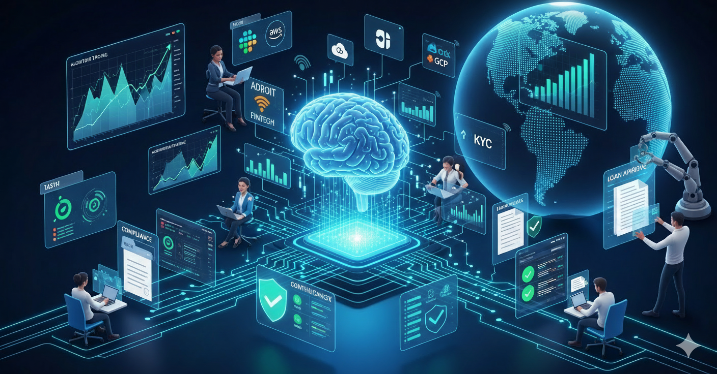 "Hero image illustrating the future of fintech work with AI, automation, and remote-first models—featuring a glowing AI brain, financial dashboards, cloud collaboration tools, and diverse professionals working digitally across global networks."