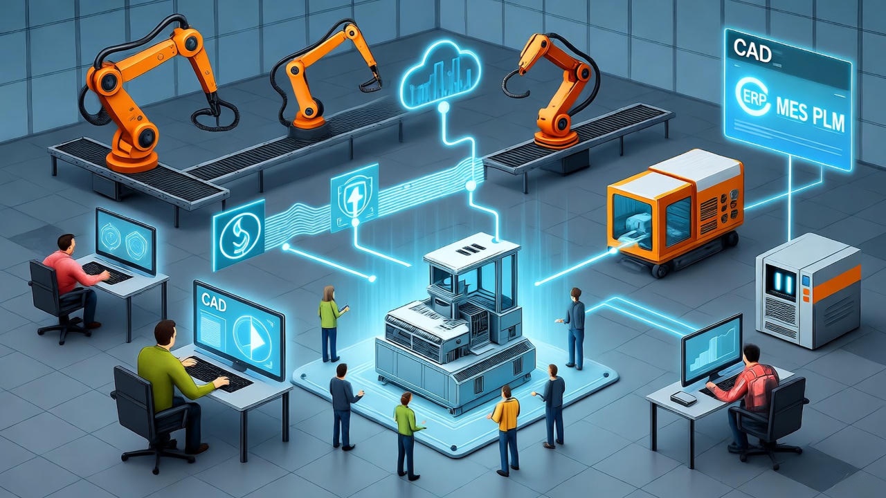 Futuristic illustration showing engineers using holographic CAD models integrated with automated factory systems, symbolizing seamless connection between design, manufacturing, and industrial automation.