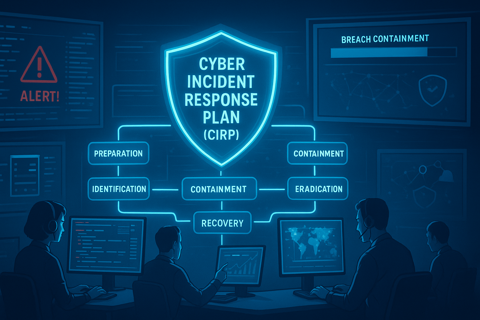 “Cybersecurity team executing a Cyber Incident Response Plan (CIRP) with digital shield, monitoring alerts, and containment visuals — illustrating six key stages of incident response for enterprise resilience.”