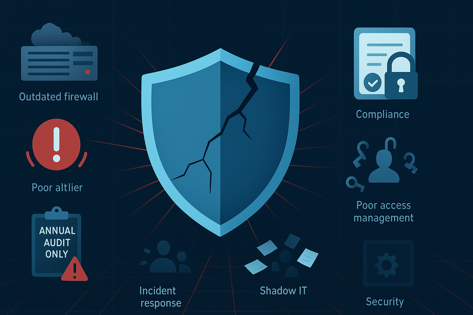 "Illustration of a cracked digital shield surrounded by icons of outdated tools, poor access control, Shadow IT, and compliance checklists, highlighting why basic cybersecurity measures are no longer enough."