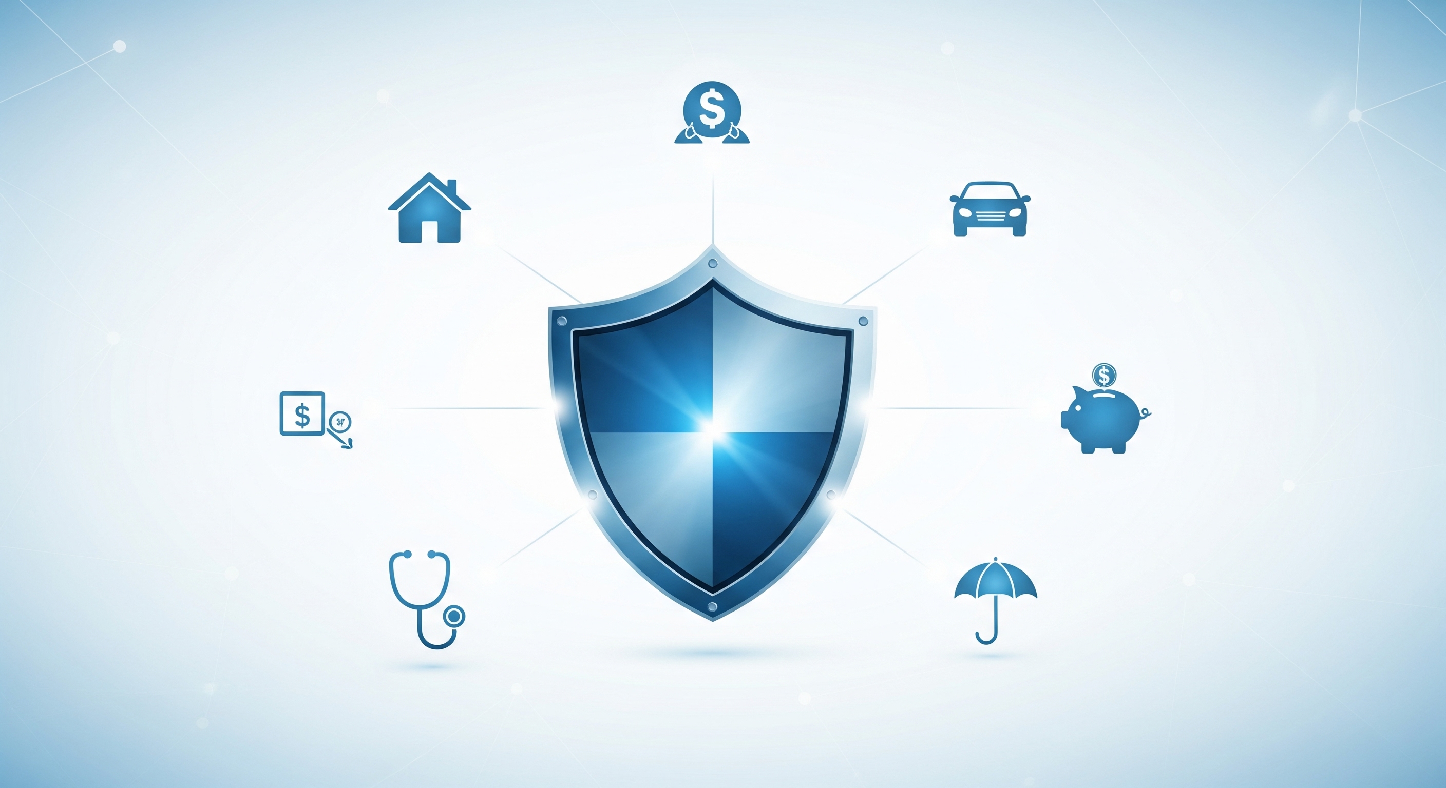 Blue shield icon representing insurance protection, surrounded by icons for home, savings, car, healthcare, umbrella, and financial security on a light blue digital background.