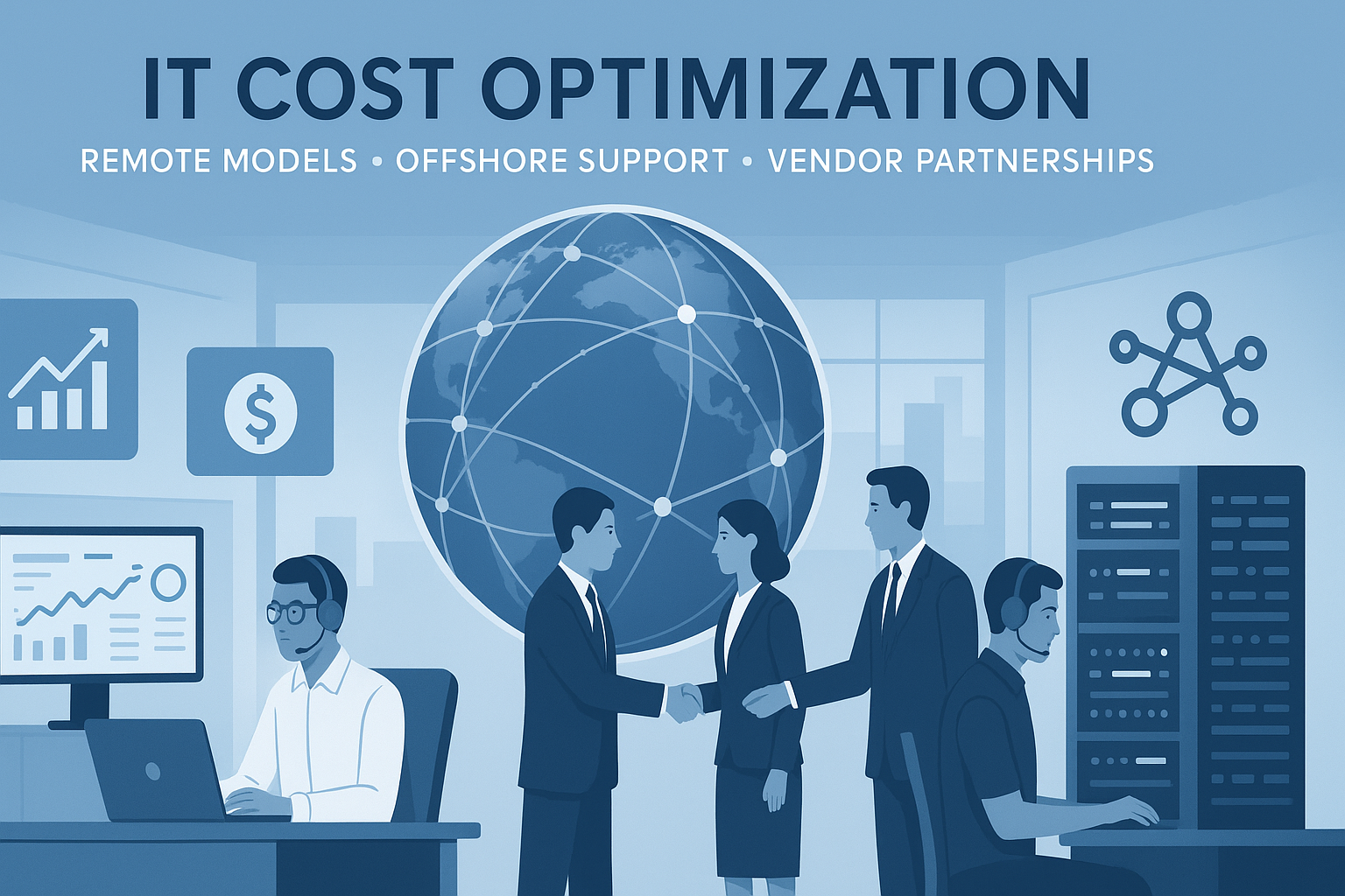 Illustration of global IT teams collaborating remotely through cloud-based systems, showcasing offshore support from India, vendor partnerships, and cost optimization in IT infrastructure management.