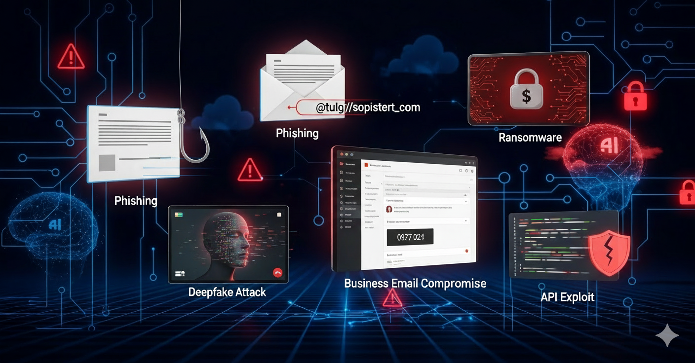 "Cybersecurity threats in 2025 illustrated with phishing emails, ransomware locks, spoofed business emails, deepfake video calls, and API exploits on a digital background, highlighting the evolving risk landscape for enterprises."