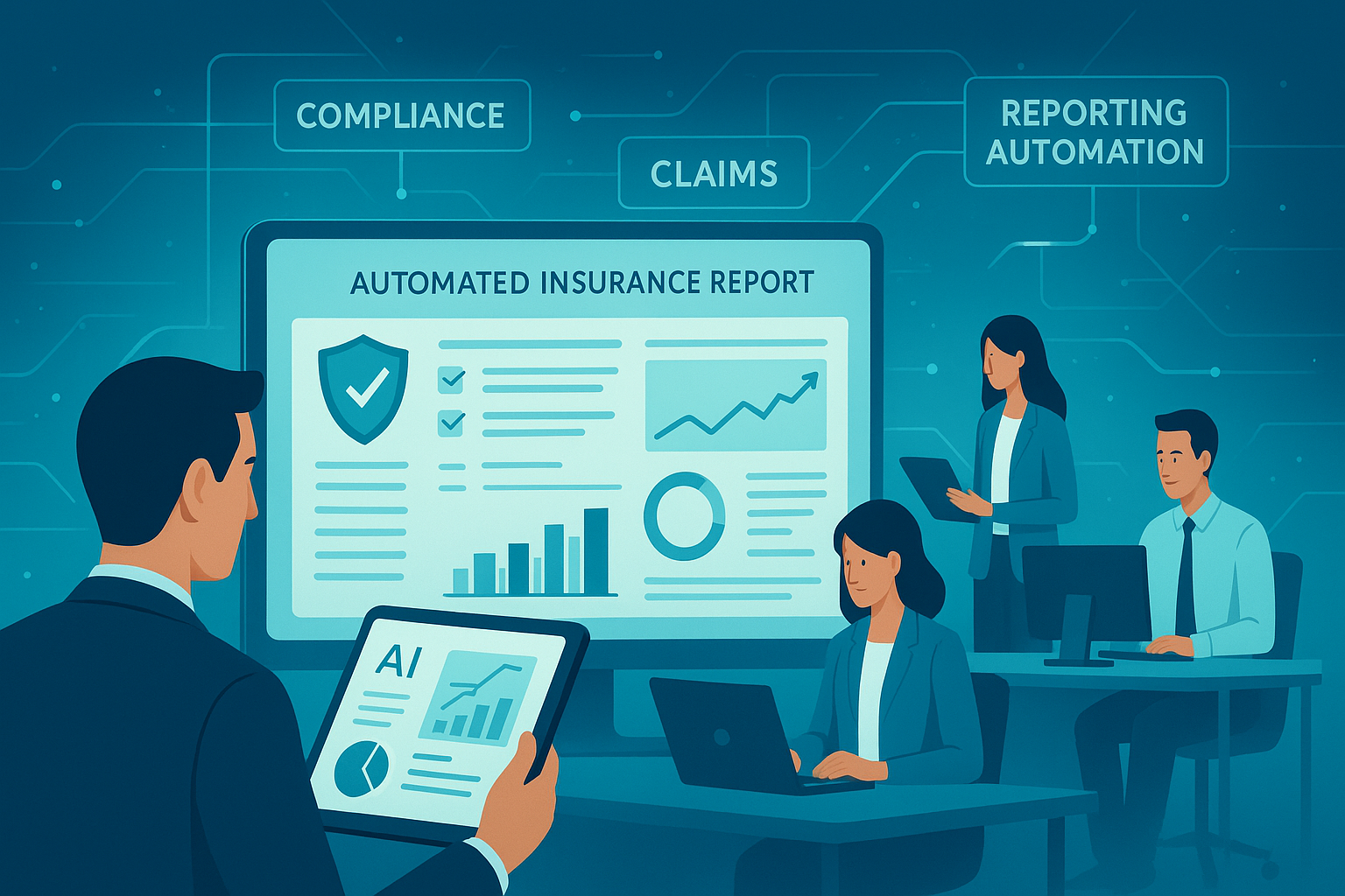 “Futuristic insurance office with professionals using AI-powered reporting dashboards to automate claims processing and ensure compliance.”