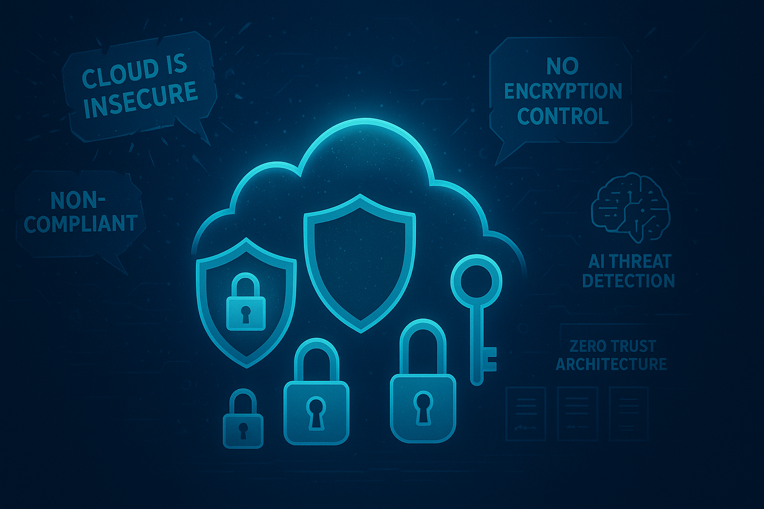 “Illustration of cloud computing security—secure cloud with shields, locks, encryption keys, and compliance badges, while common myths about cloud security are being broken.”