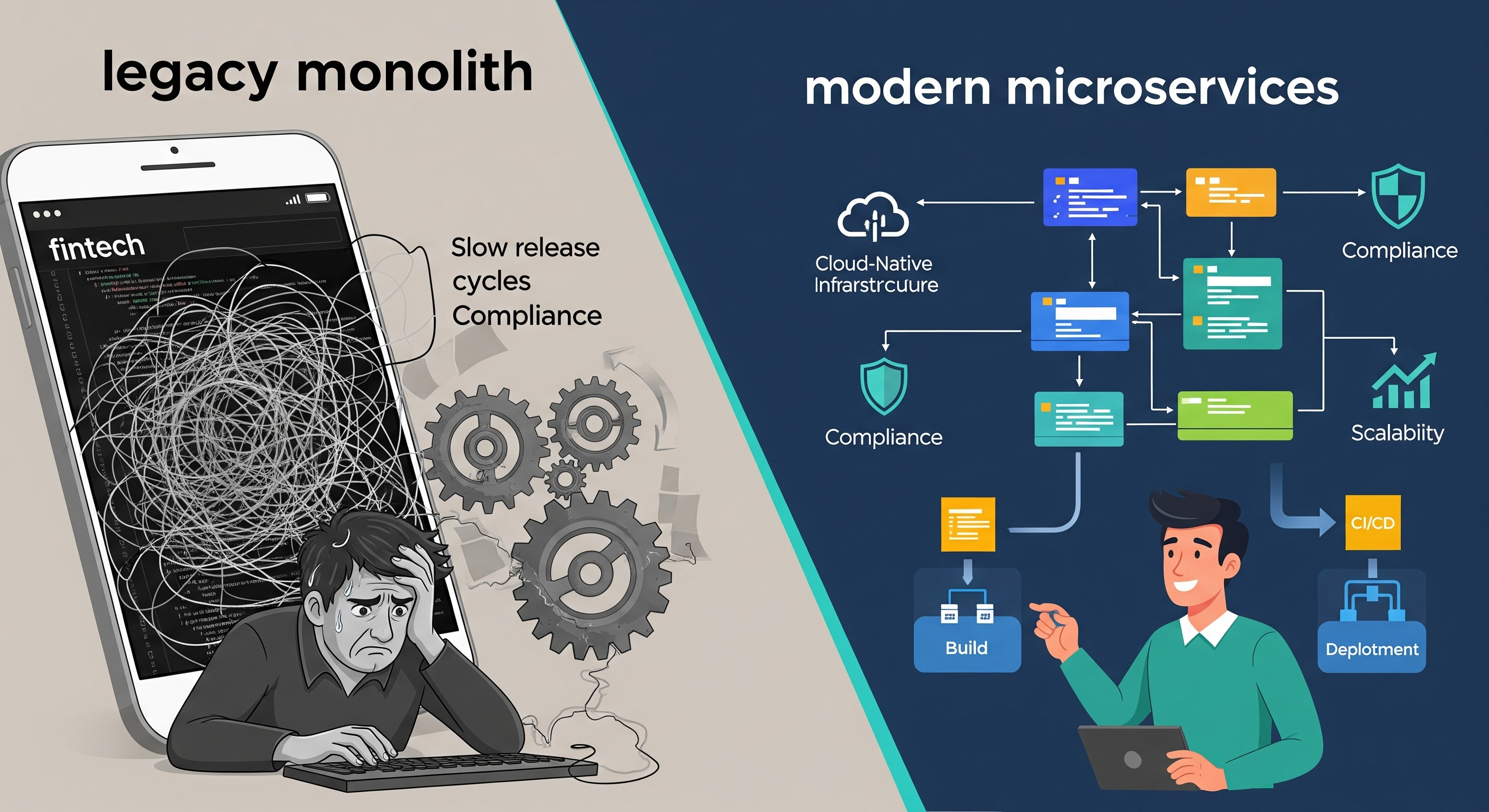 Split-screen visual showing the difference between a legacy fintech app and a modernized system