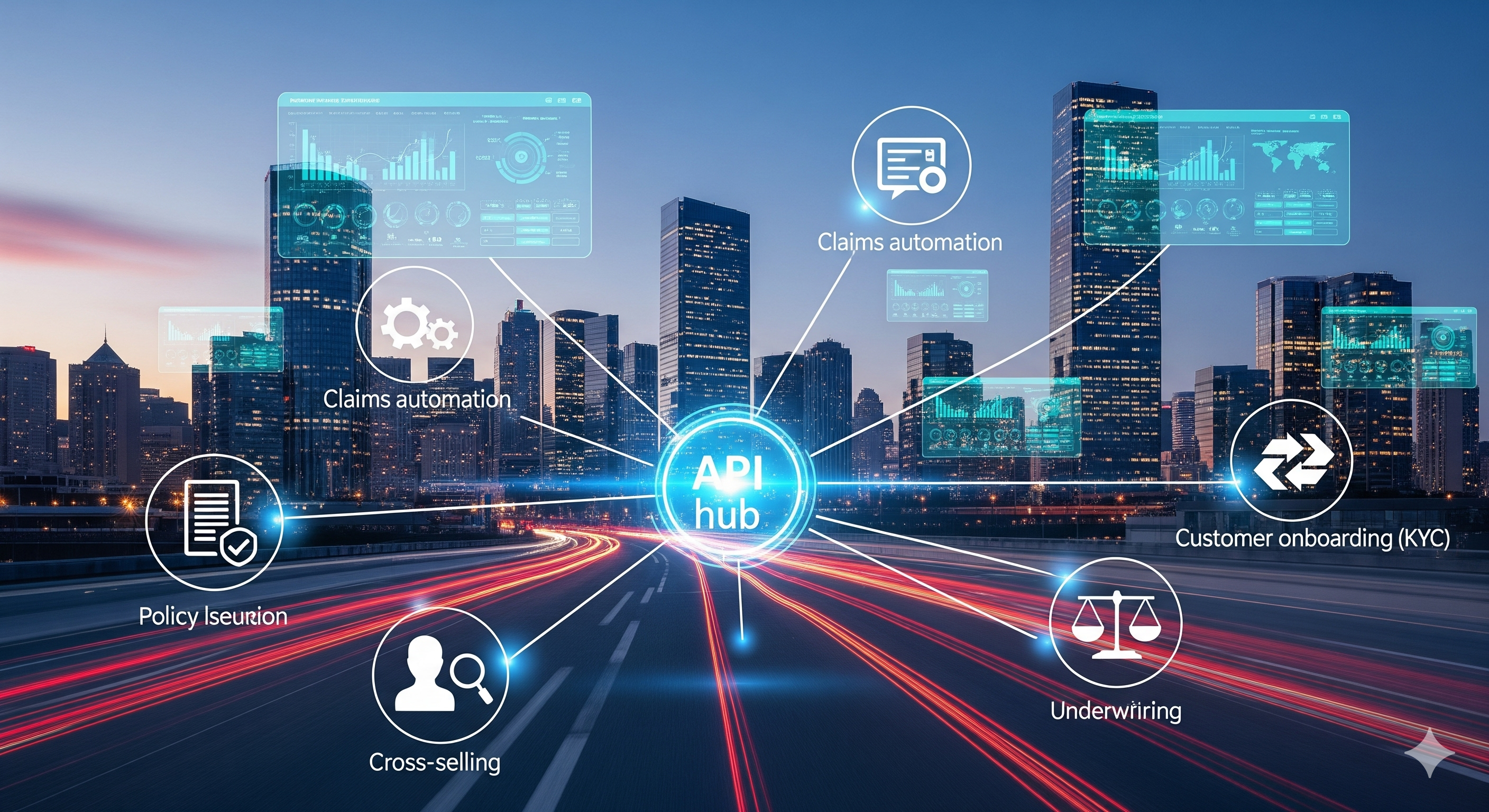 “Digital API hub connecting insurance services like onboarding, underwriting, claims, and customer experience through real-time data integration, representing the future of insurtech.”