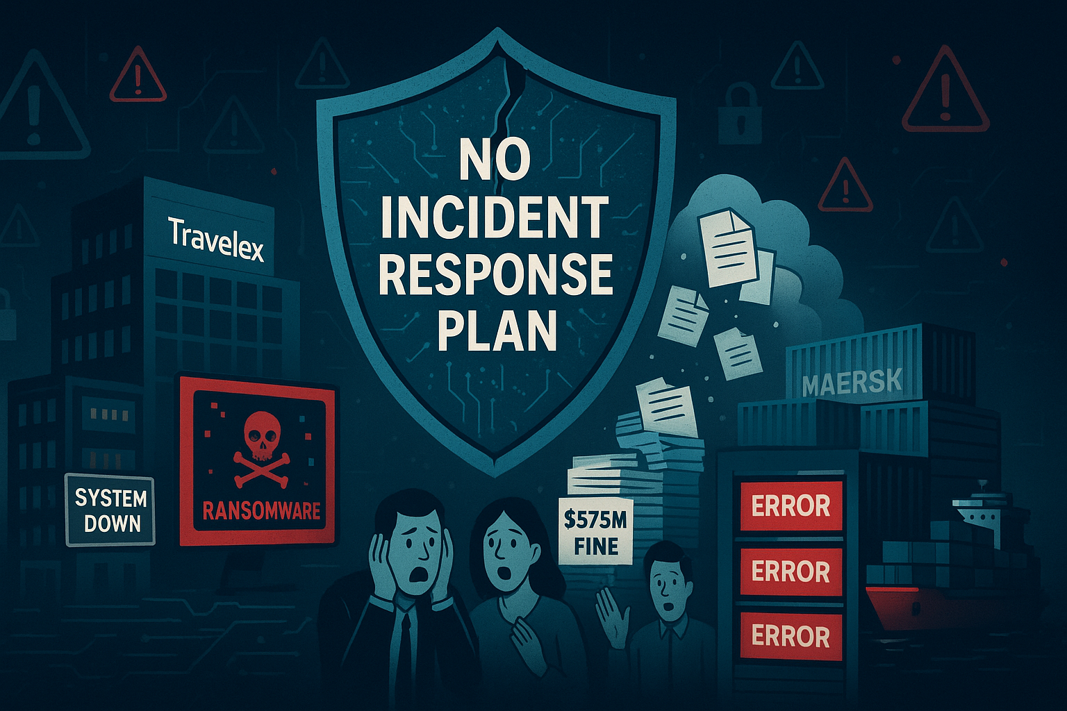 “Cybersecurity illustration showing Travelex, Equifax, and Maersk suffering major breaches due to lack of incident response planning—highlighting ransomware shutdowns, multimillion-dollar fines, and global operational collapse.”