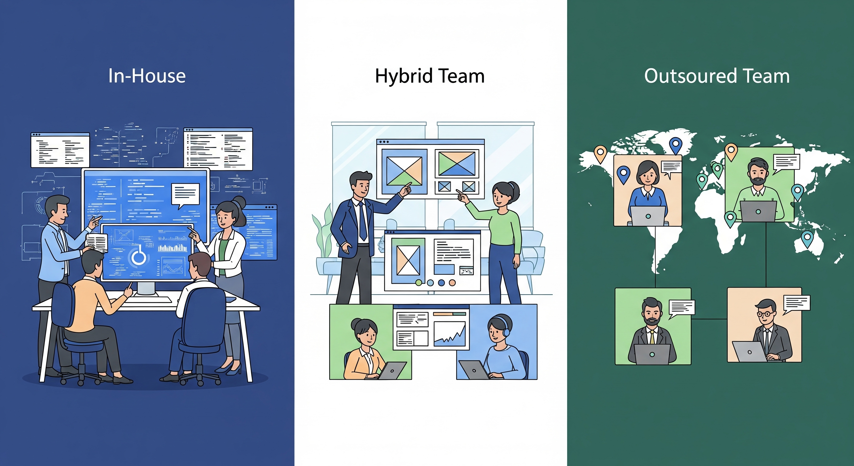 Illustration comparing three fintech development models: in-house team collaborating in an office, hybrid team split between in-person and remote work, and outsourced team working across global locations.