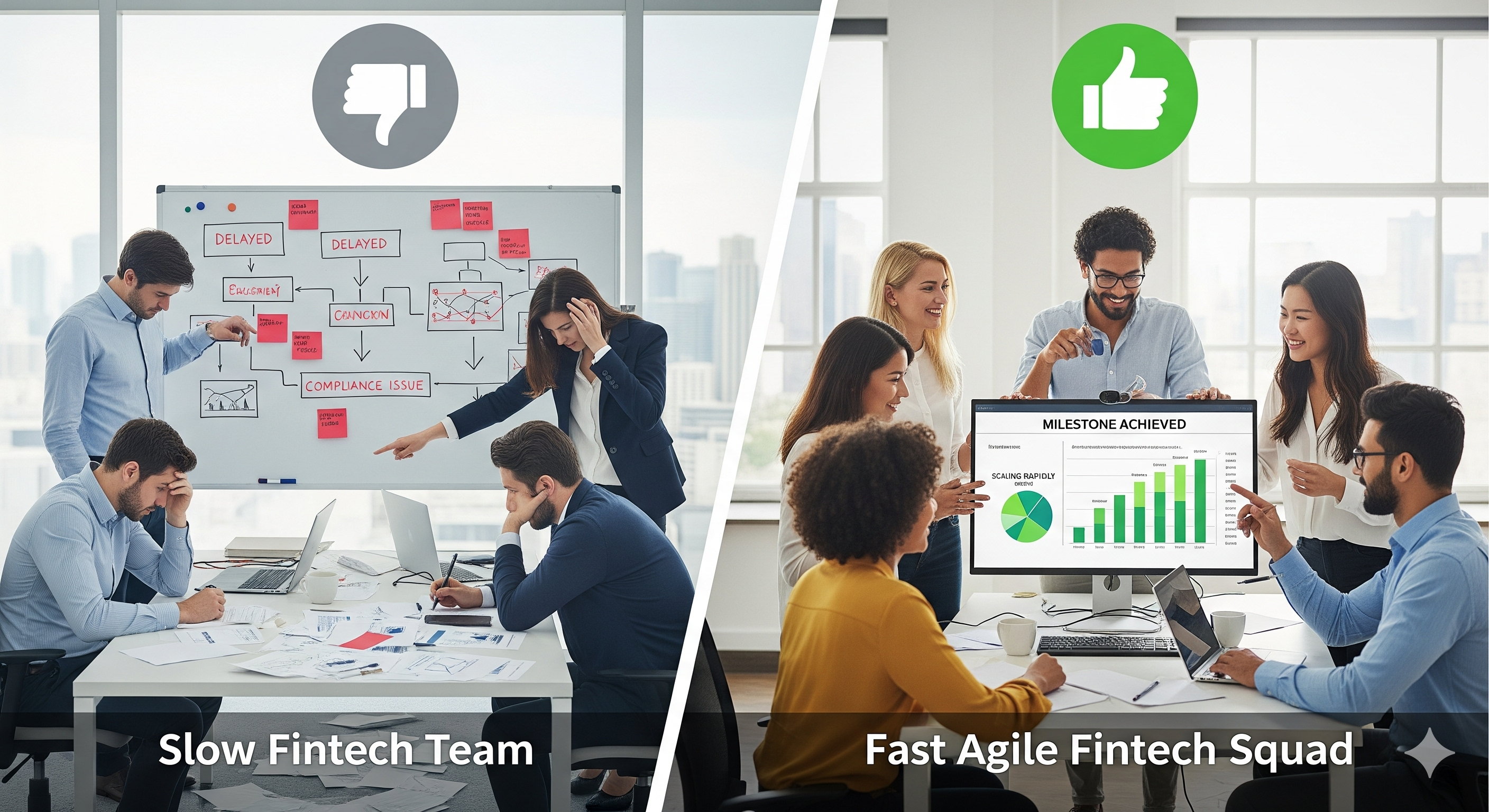 Comparison of slow fintech development versus agile, secure, and compliant MVP launch driving investor confidence.