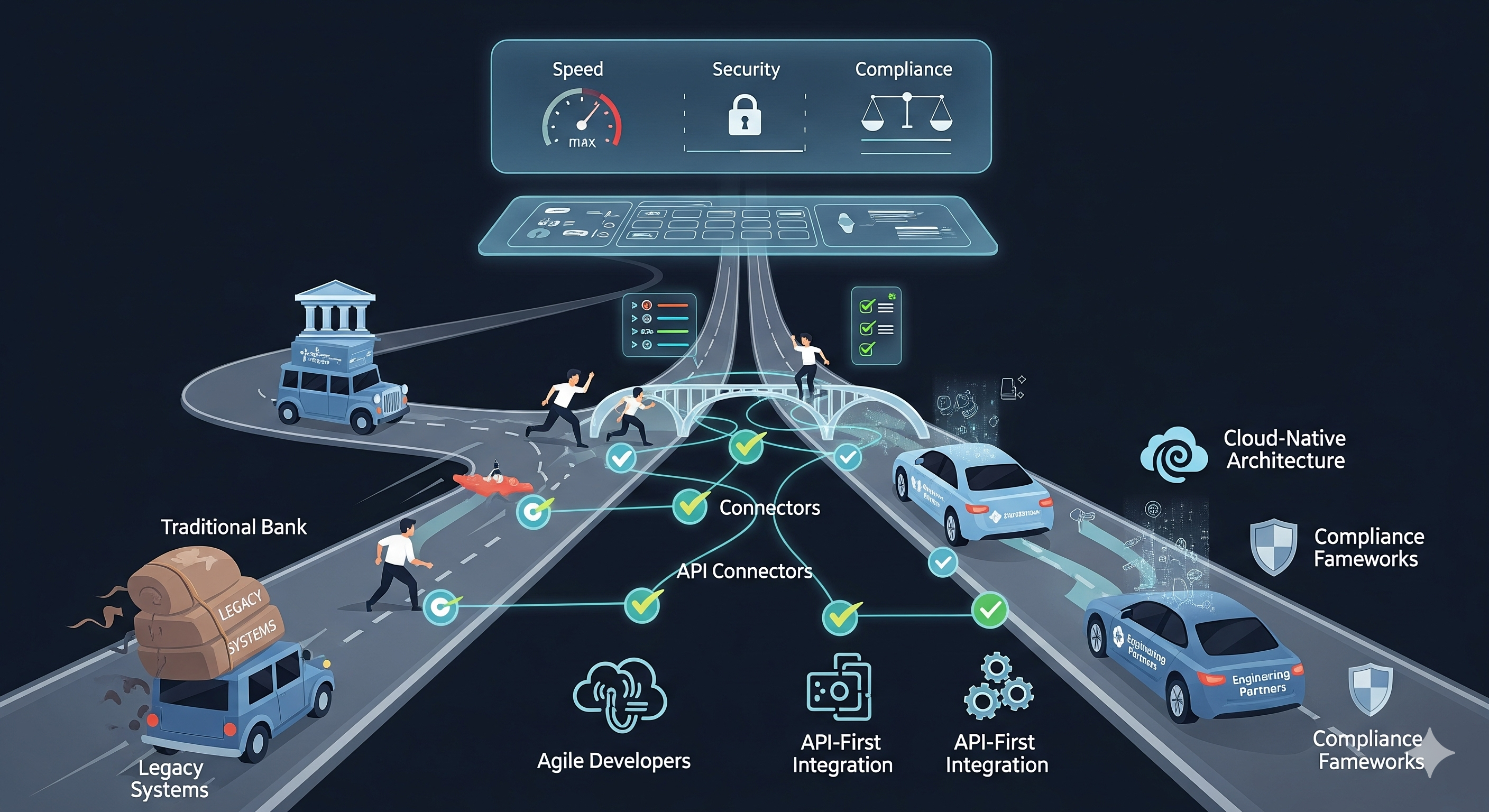 "Illustration of fintech scale-ups accelerating product launch using API-first architecture, compliance frameworks, and engineering partnerships, leaving behind slow-moving legacy systems."