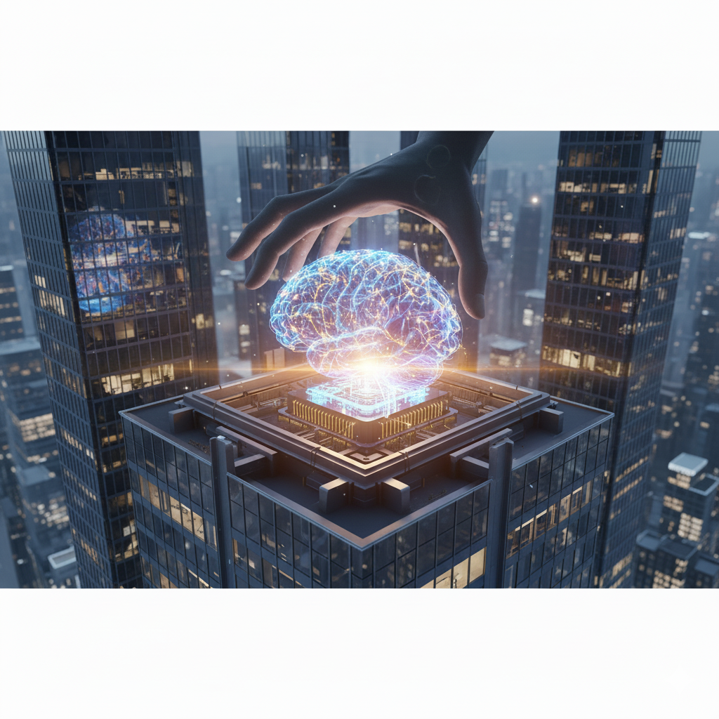 Giant hand placing glowing digital brain on skyscraper rooftop.