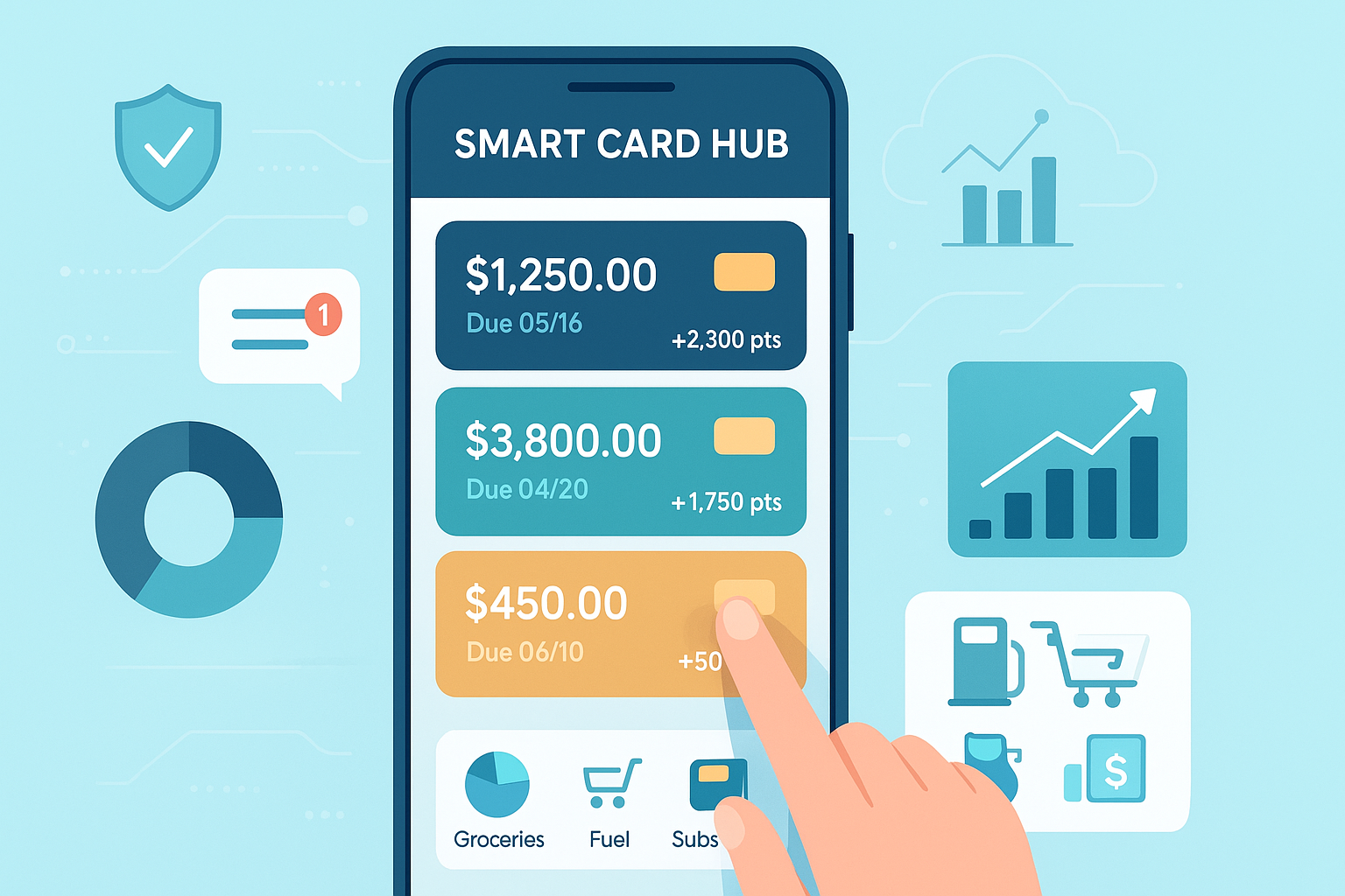 A modern digital illustration showing a smartphone screen with the Smart Card Hub app dashboard displaying multiple credit cards, spending categories, and alerts — symbolizing smart credit card management, real-time tracking, and financial optimizati