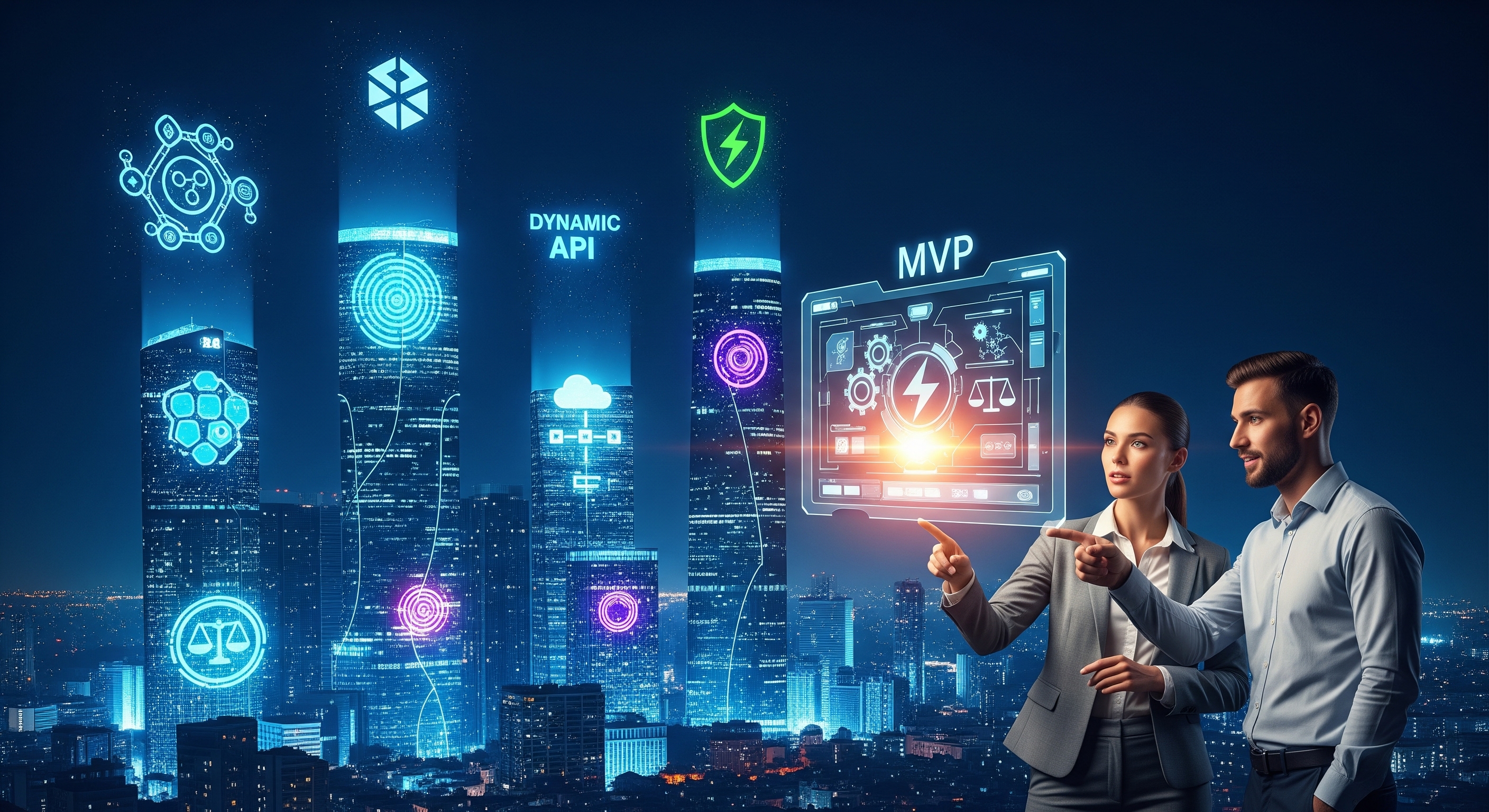 Futuristic city skyline with fintech symbols like blockchain, cloud, and security shields, as executives point toward a glowing MVP prototype representing speed and compliance.