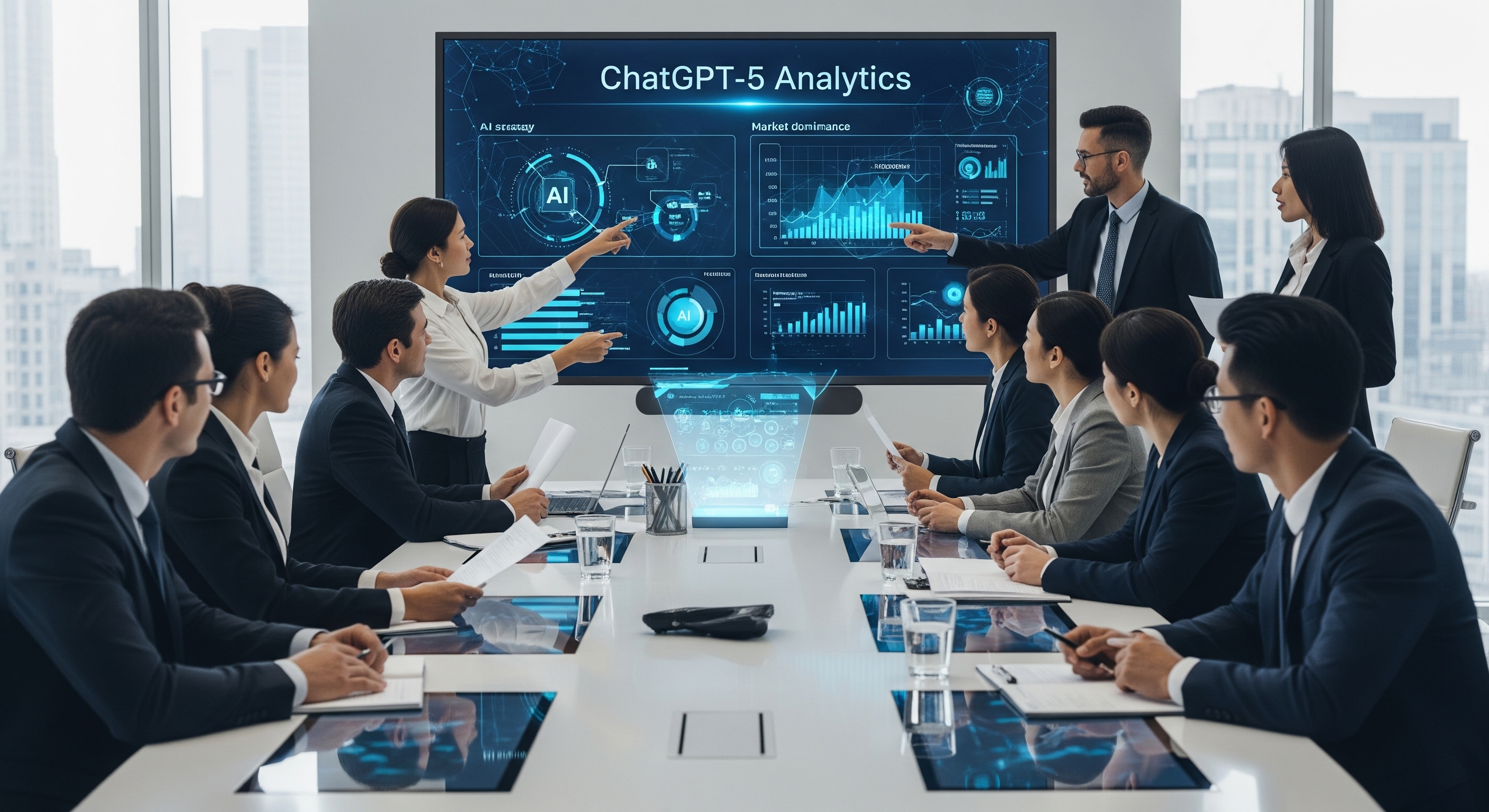CXOs in a high-tech boardroom reviewing ChatGPT-5 powered analytics and AI-driven market strategy visualizations on a large digital display.