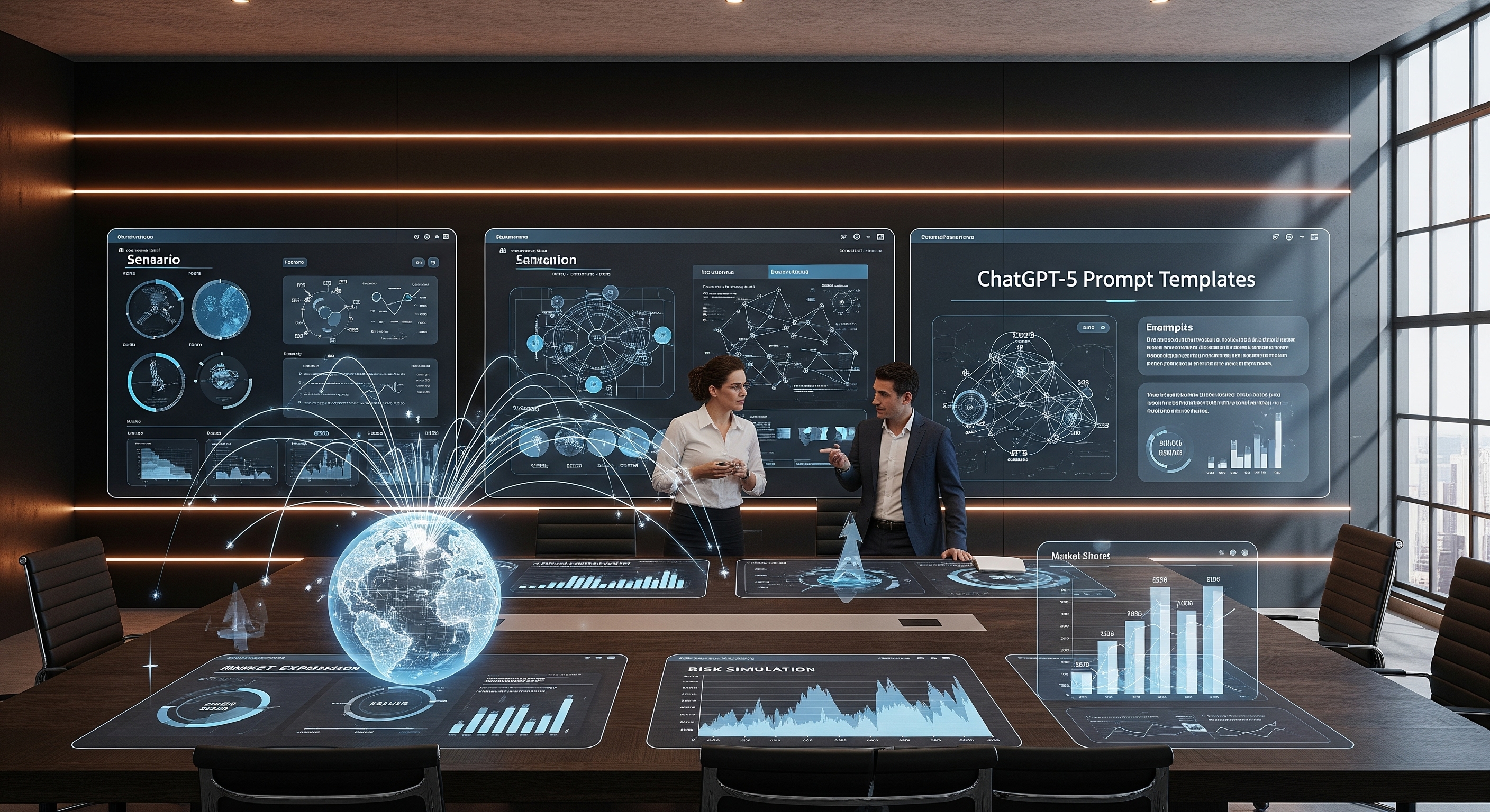 "CXO leadership team using ChatGPT-5 AI tools for strategic decision-making, scenario modeling, and risk forecasting in a modern boardroom with digital dashboards."