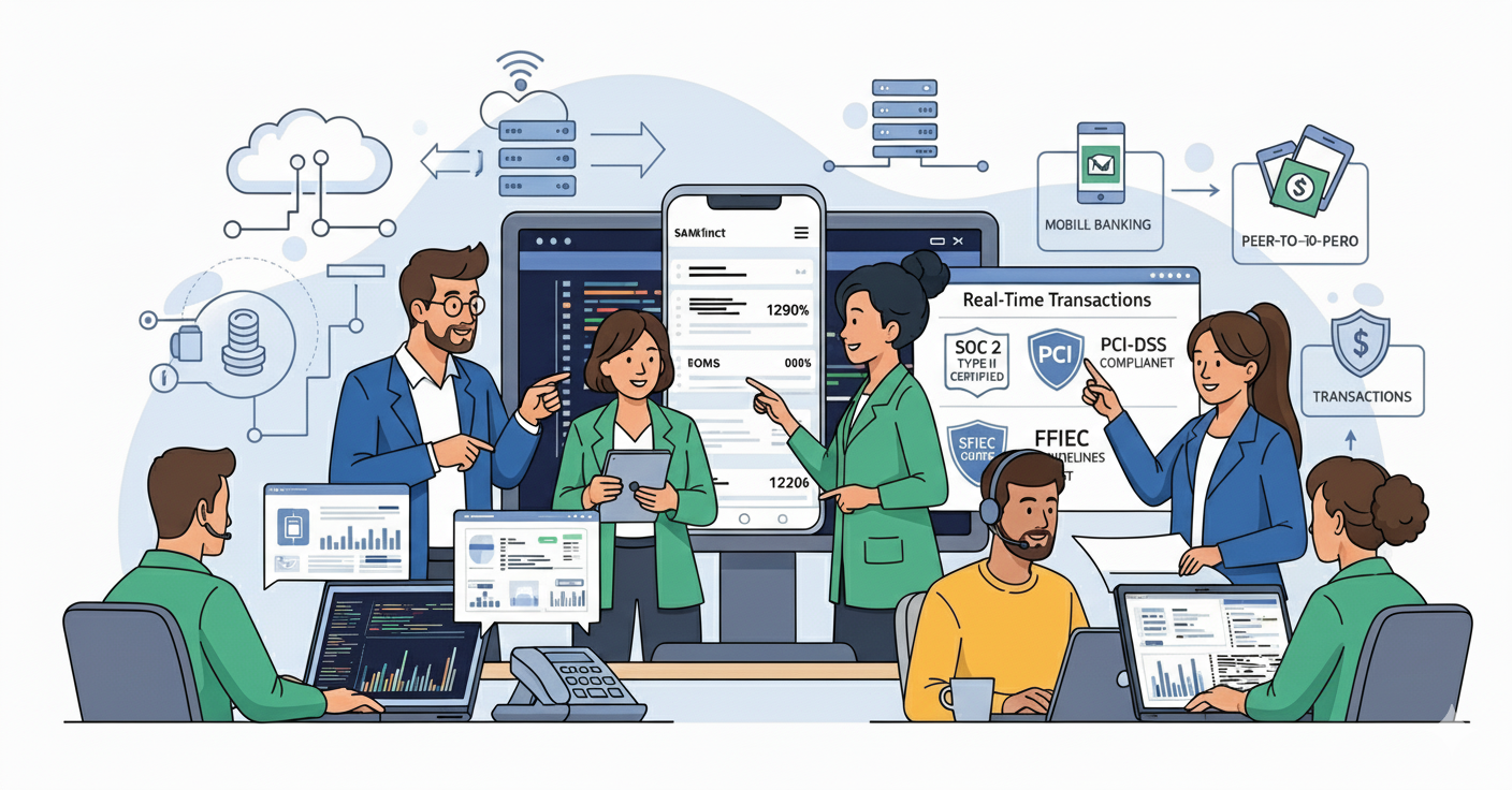 Team of fintech engineers collaborating on secure, compliant digital banking and payment solutions with cloud and compliance icons.