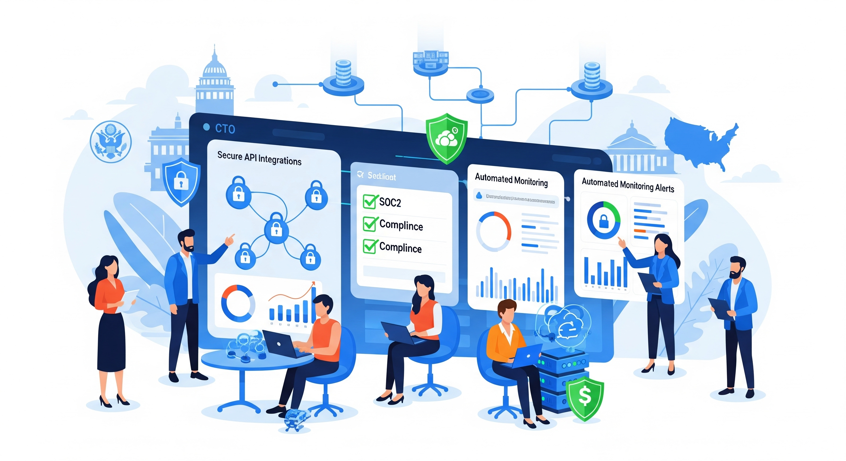 "Fintech team developing secure and compliant products with SOC2, PCI DSS, and automated compliance monitoring, featuring security shields, cloud servers, and U.S. regulatory symbols."