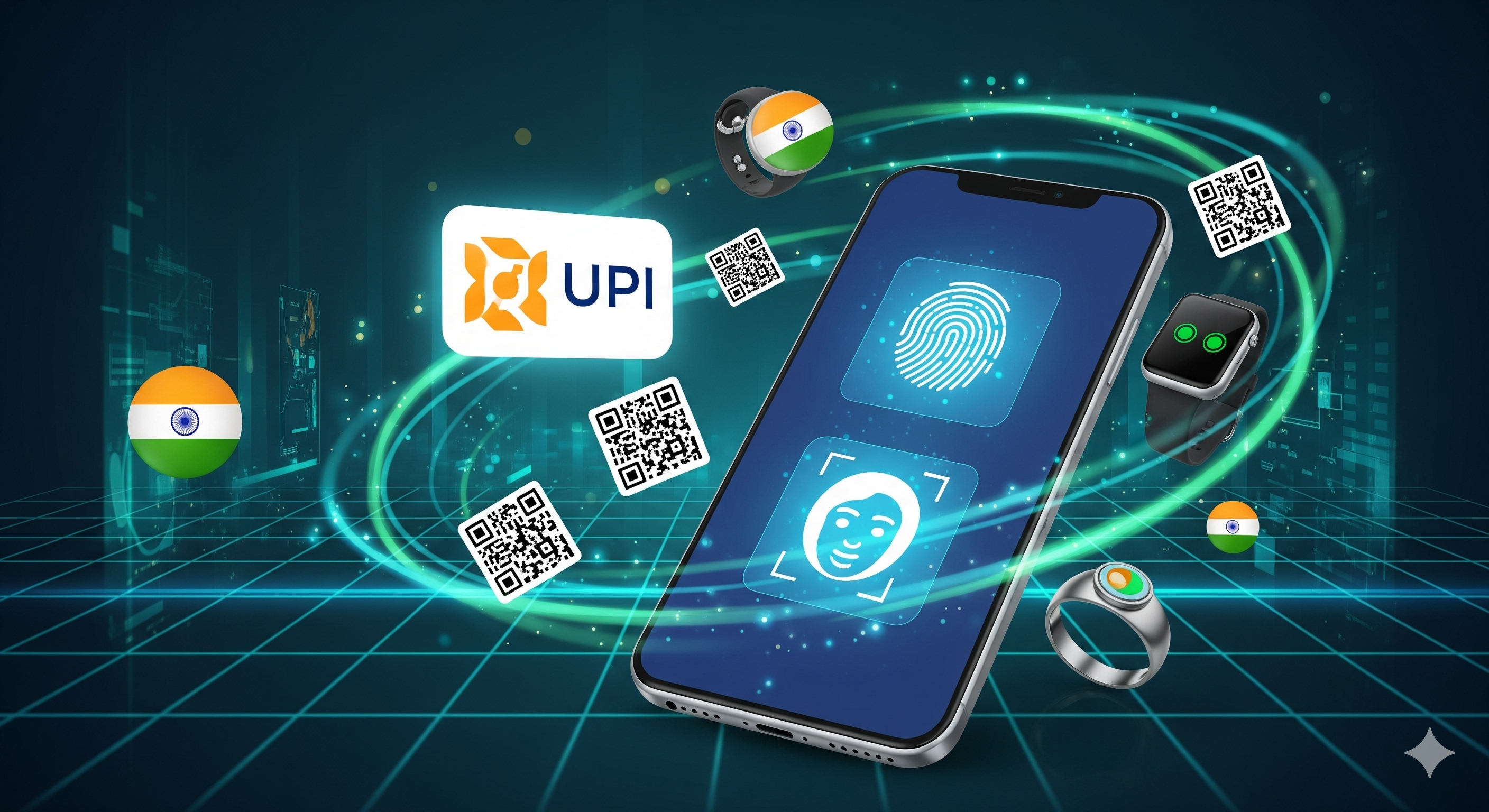 Smartphone displaying fingerprint and facial recognition icons with digital payment symbols and wearables, representing secure biometric payment authentication in India.