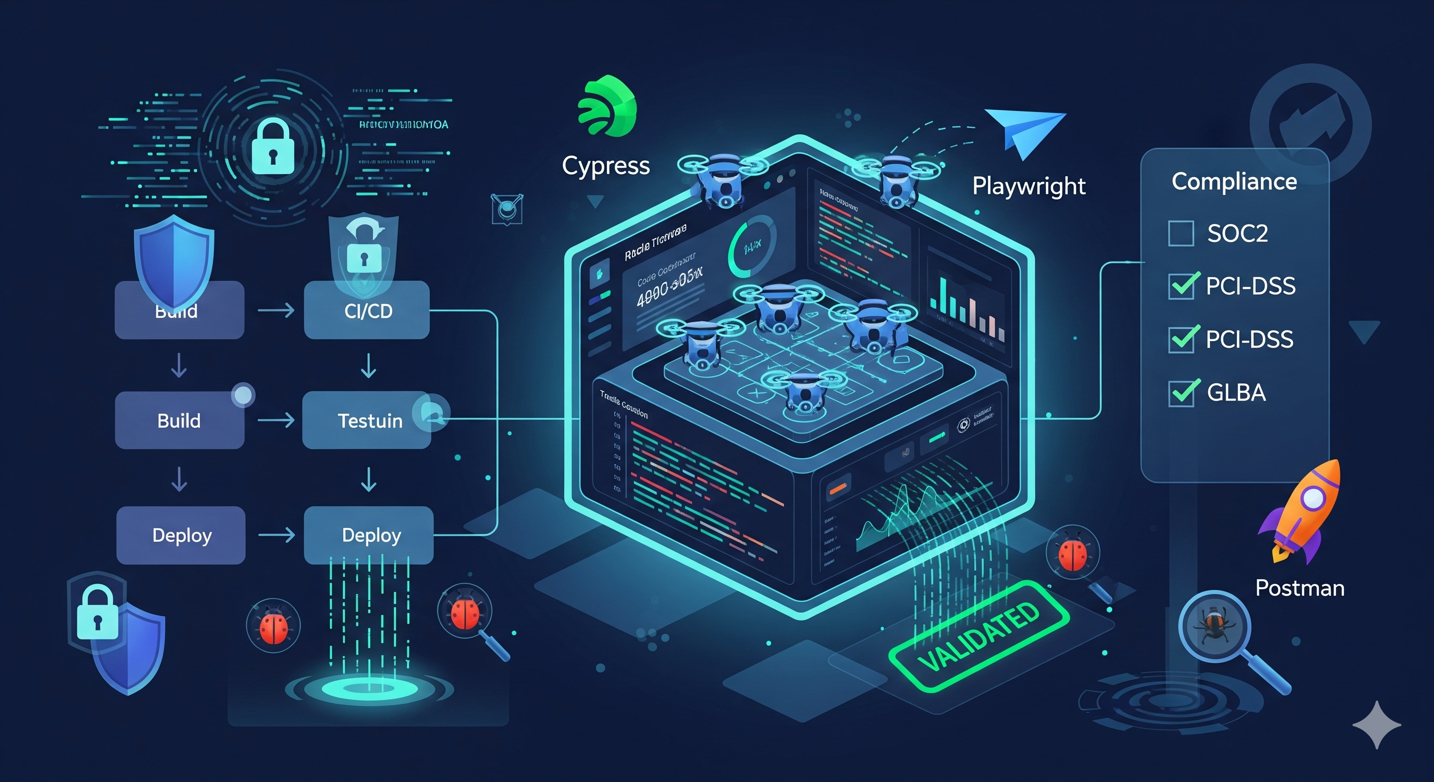 "Fintech QA pipeline with automated testing, compliance checks, and security validation tools ensuring faster and safer app releases."