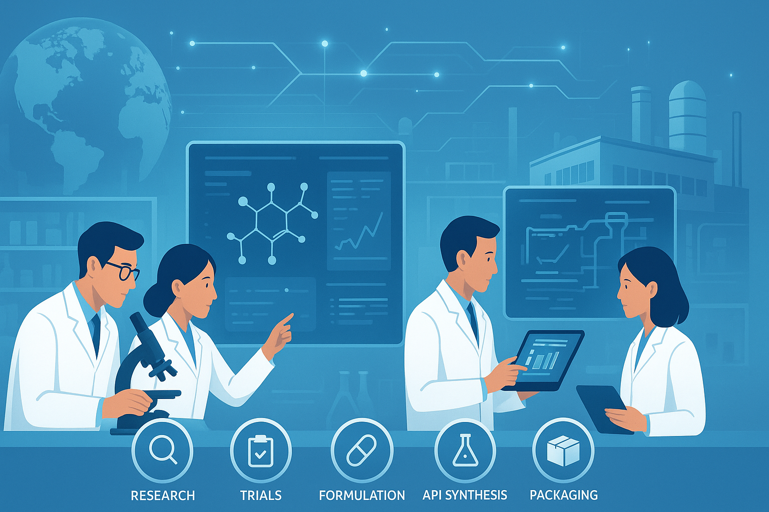 "Scientists collaborating in a high-tech pharmaceutical lab illustrating Contract Research and Manufacturing Services (CRAMS) driving innovation and efficiency in the life sciences industry."