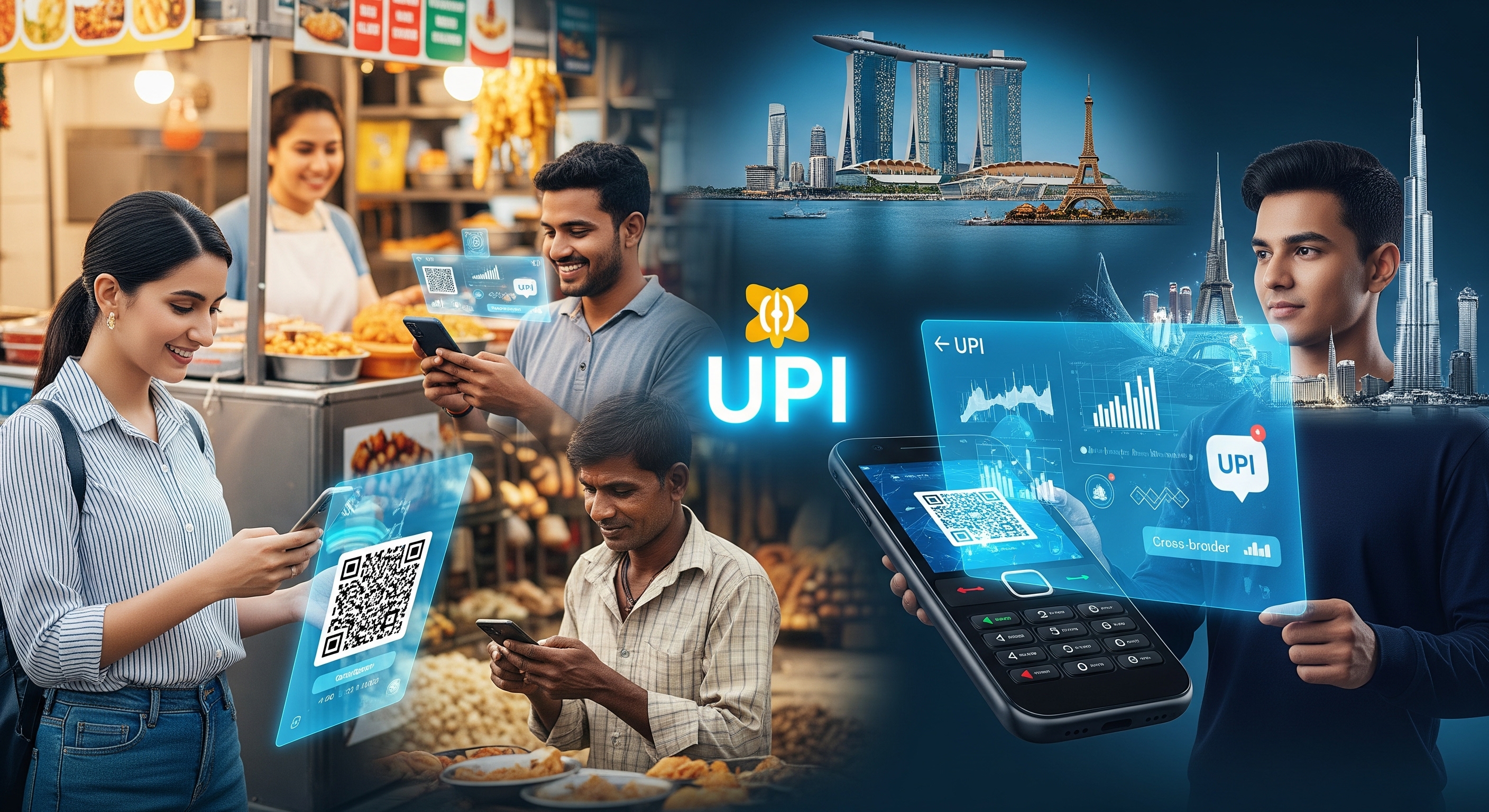 "Illustration of UPI digital payments in India showing customers scanning QR codes, cross-border payment connectivity, and global adoption in 2024."