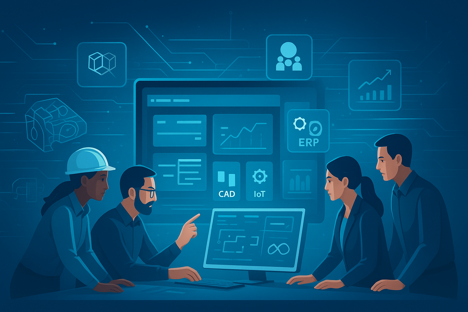 “Engineering team using a low-code platform to build custom engineering applications, surrounded by integrated CAD, IoT, and ERP systems — symbolizing speed, scalability, and digital innovation.”