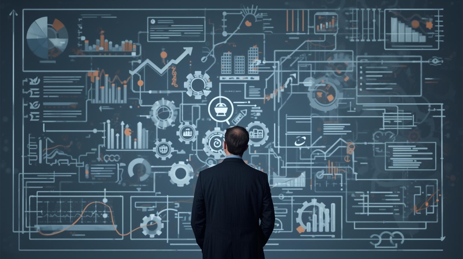 Man in suit looking at a complex digital flowchart with graphs and icons.