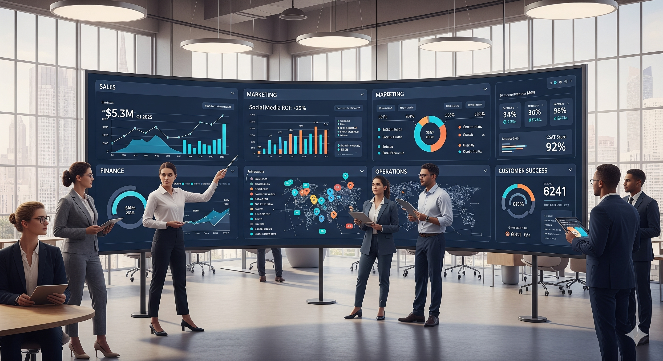 Unified BI dashboard showing sales, marketing, finance, operations, and customer success metrics with professionals collaborating in a modern office.