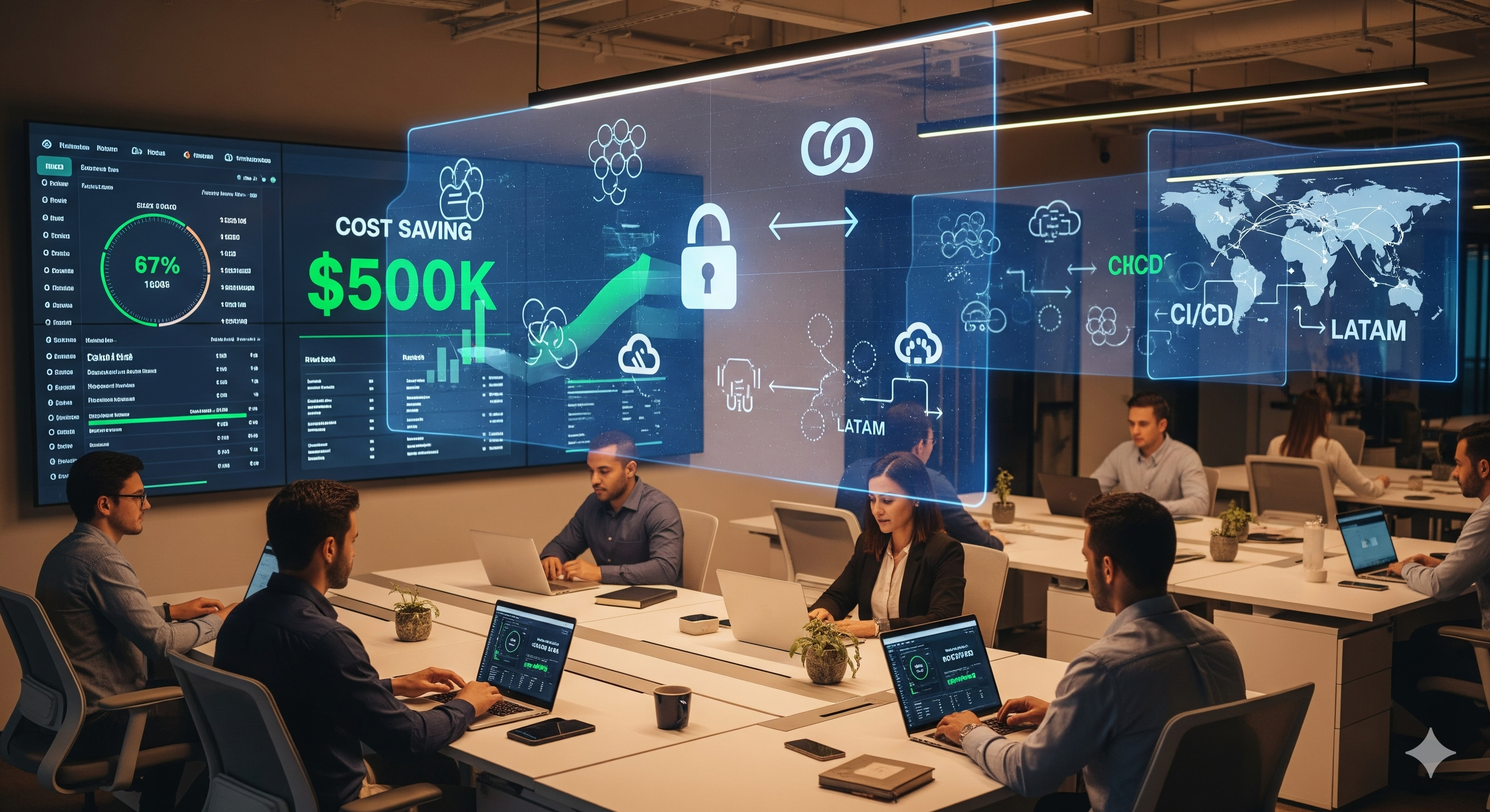 “Fintech engineers collaborating on cloud-native architecture and security-first solutions to save $500K in engineering costs without compromising compliance.”