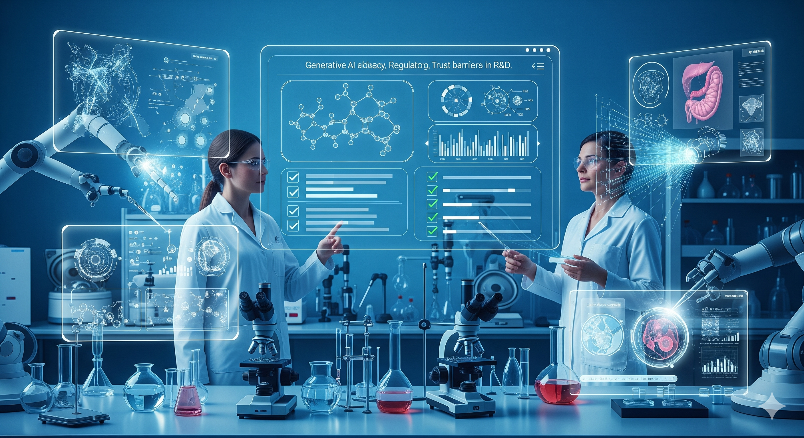Scientists collaborating with AI-powered systems in a research lab, using Generative AI for drug discovery, diagnostics, and clinical trials while ensuring data privacy and regulatory compliance.