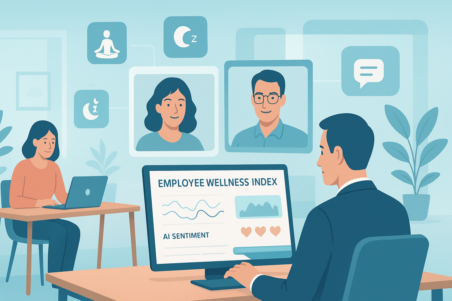 Illustration of a hybrid team using digital wellness and AI tools to manage employee burnout and improve retention in a post-pandemic workplace.