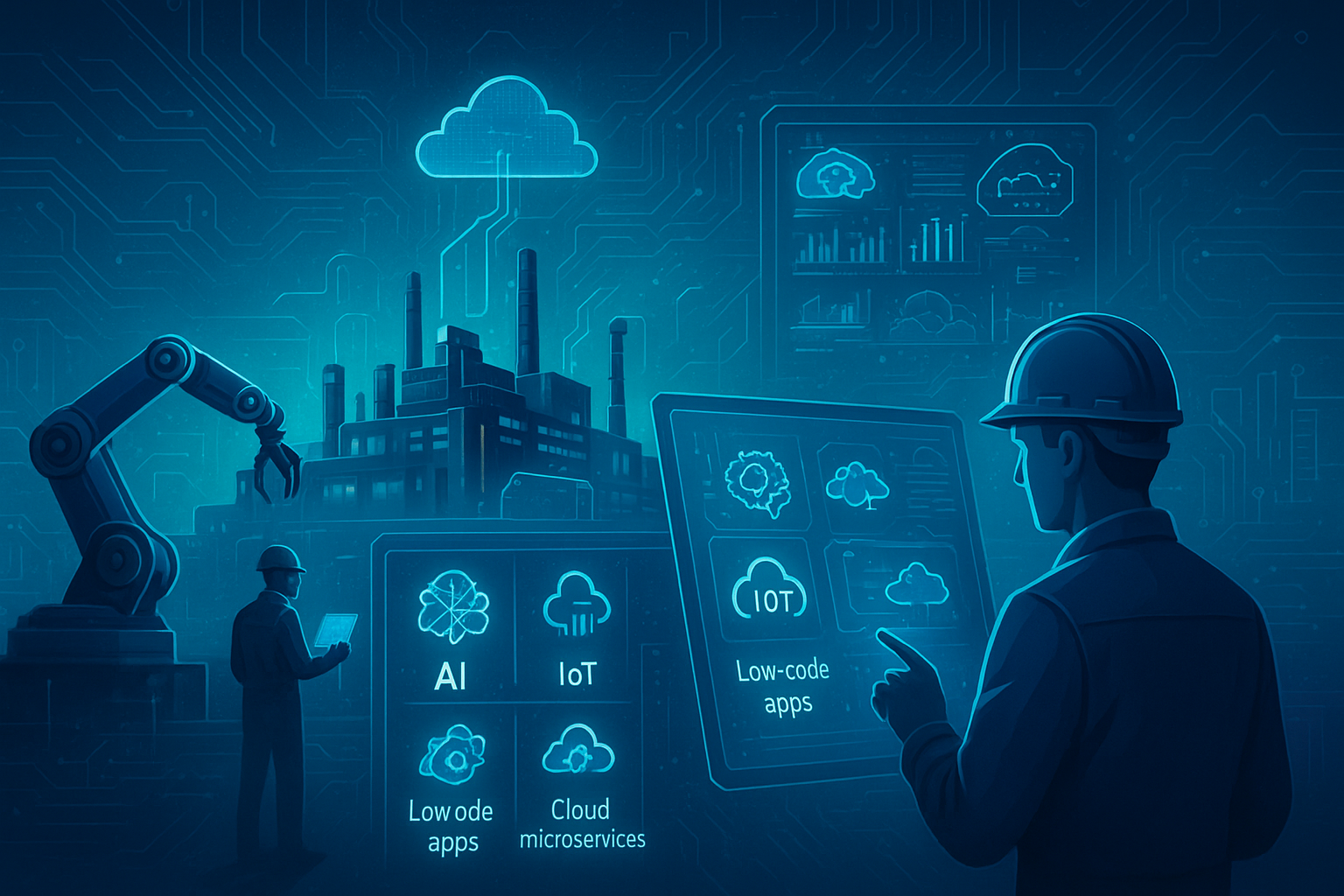 A futuristic industrial scene showing engineers and robotic systems connected through AI, IoT, and cloud-based digital engineering solutions, symbolizing Industry 4.0 transformation in 2025.