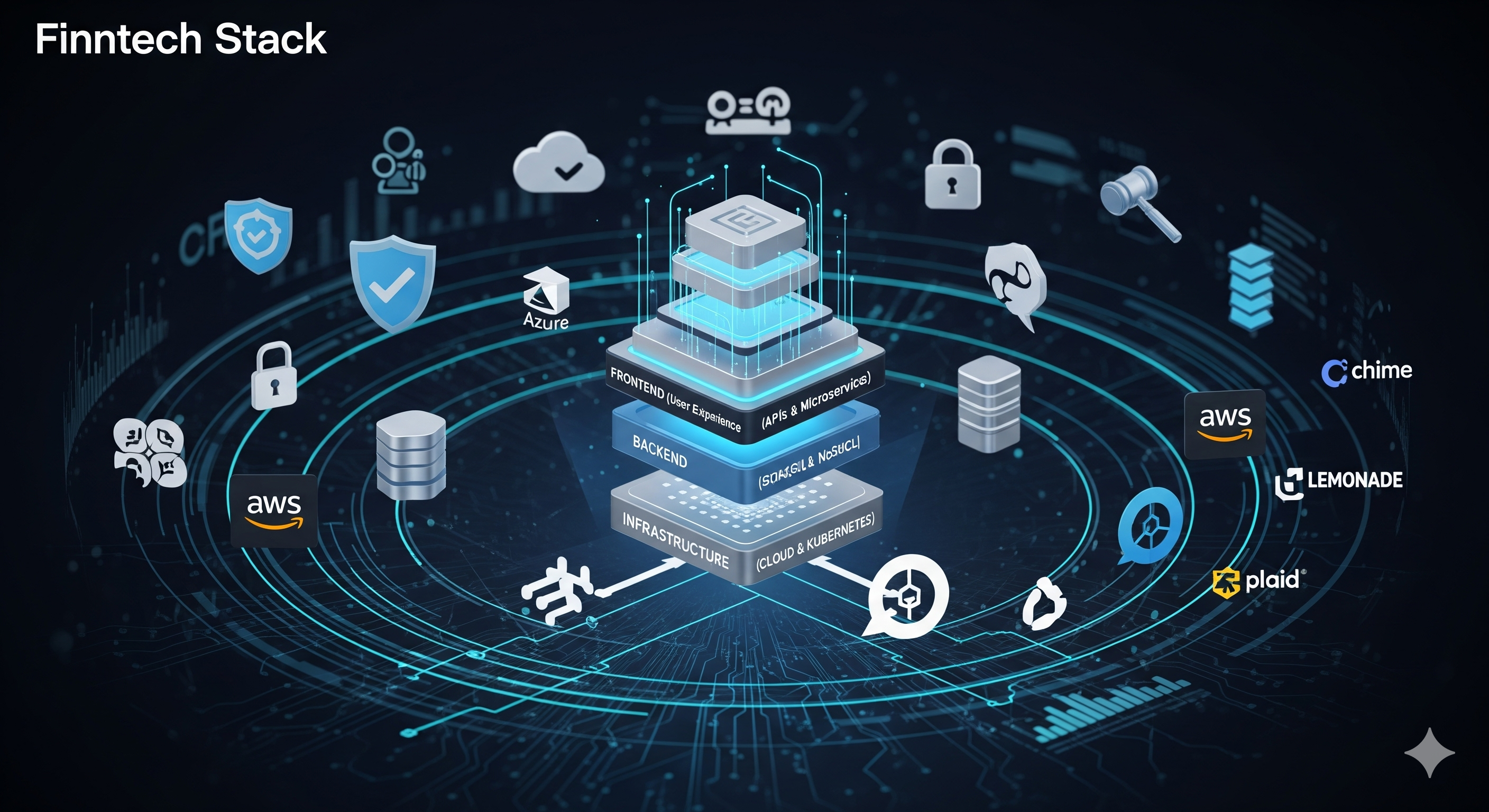 "Illustration of a modern fintech tech stack in 2025 with frontend, backend, database, and cloud infrastructure layers, highlighting compliance, scalability, and speed for companies like Chime, Plaid, and Lemonade."