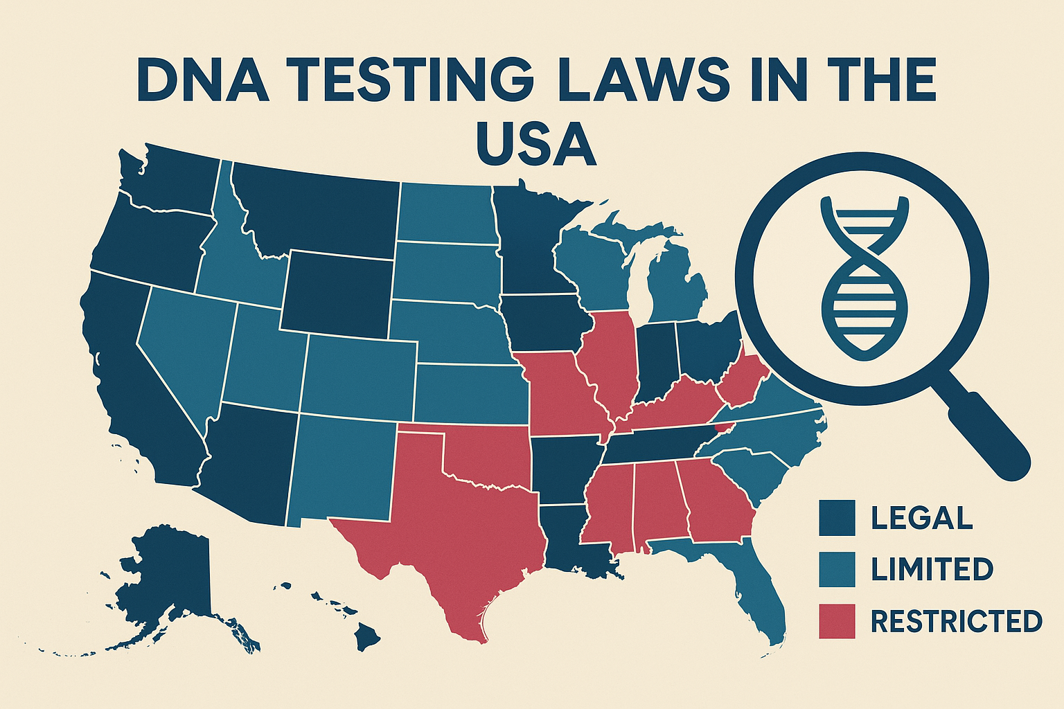 Judge gavel, DNA strand, map of United States