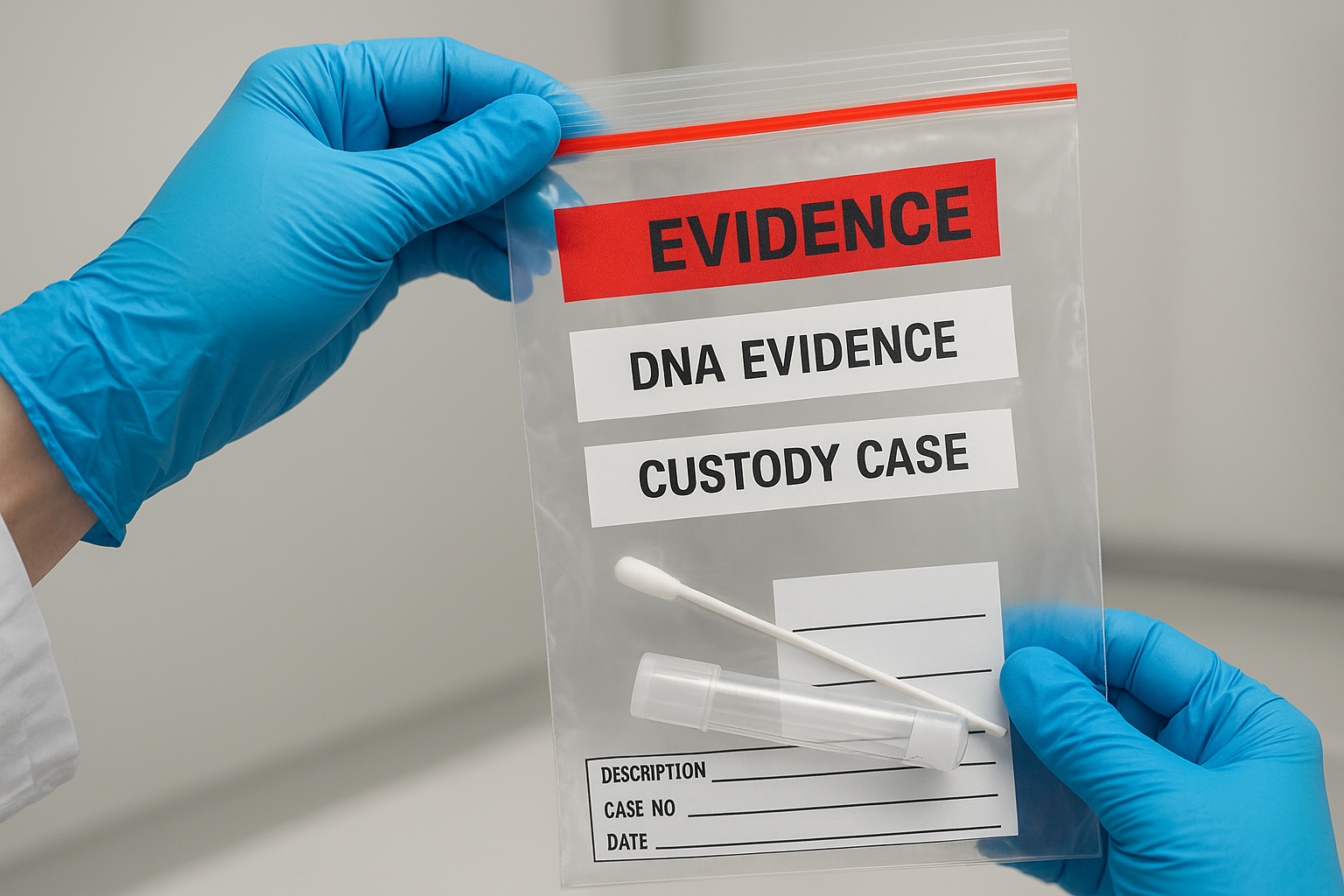 DNA helix and gavel in a courtroom.