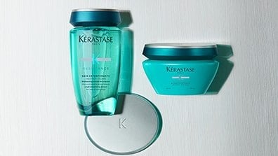 Heat-protecting hair products displayed neatly