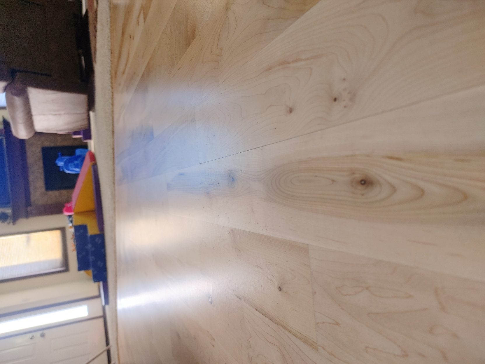 Wooden floor with furniture and colorful play items in view.